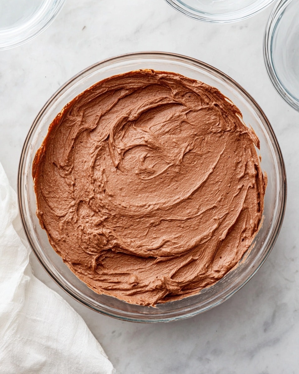 A large clear glass bowl filled with a smooth, thick layer of light brown chocolate batter, with visible whip marks and soft peaks all over the surface. The bowl is placed on a white marbled surface, with two smaller empty clear glass bowls visible in the top part of the image and a white cloth in the bottom left corner of the image. The chocolate batter looks fluffy and creamy, covering the entire bottom of the large bowl. photo taken with an iphone --ar 4:5 --v 7