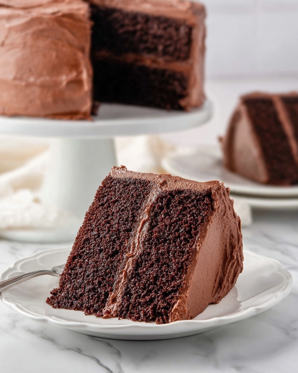 A slice of chocolate cake with two thick, dark brown cake layers separated by a smooth, medium brown chocolate frosting layer is placed on a white plate with a wavy edge. The cake slice is covered on the outside by the same chocolate frosting, which looks creamy and smooth. In the background, a two-layer chocolate cake with the same frosting is on a white cake stand, showing the inside layers where a slice is missing. Another slice of cake is partially visible further in the background. The surface under the plate and cake stand has a white marbled texture. Photo taken with an iphone --ar 4:5 --v 7