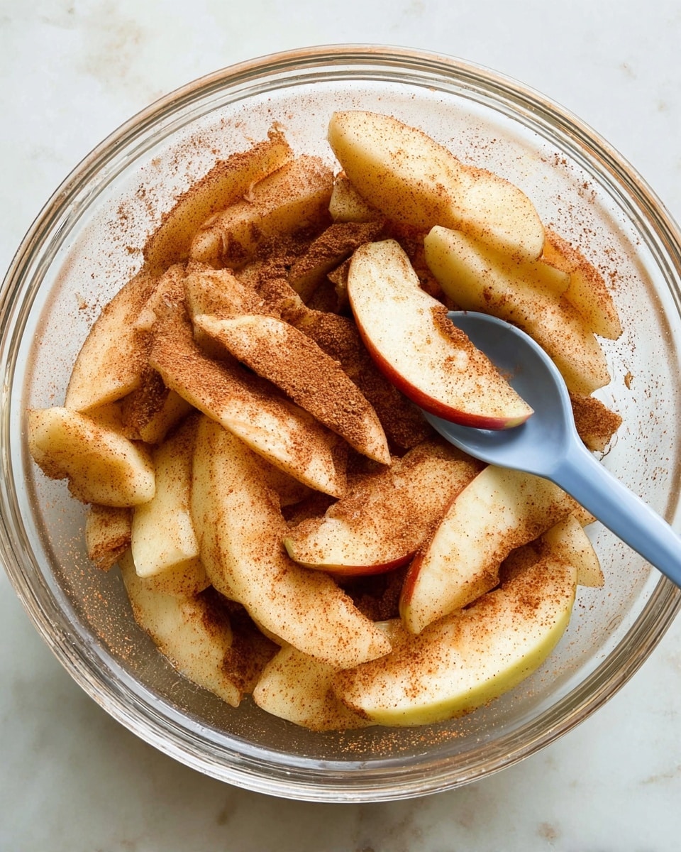 A clear glass bowl holds a mix of pale, sliced apple wedges layered with a light brown powder, likely cinnamon, coating the apple pieces evenly. The apple slices vary in size and shape, stacked loosely and showing a soft texture. A light blue spoon is partially buried in the middle right side of the bowl, with apple slices resting on and around it. The bowl sits on a white marbled surface, adding a clean and bright contrast to the warm tones of the cinnamon-covered fruit. photo taken with an iphone --ar 4:5 --v 7