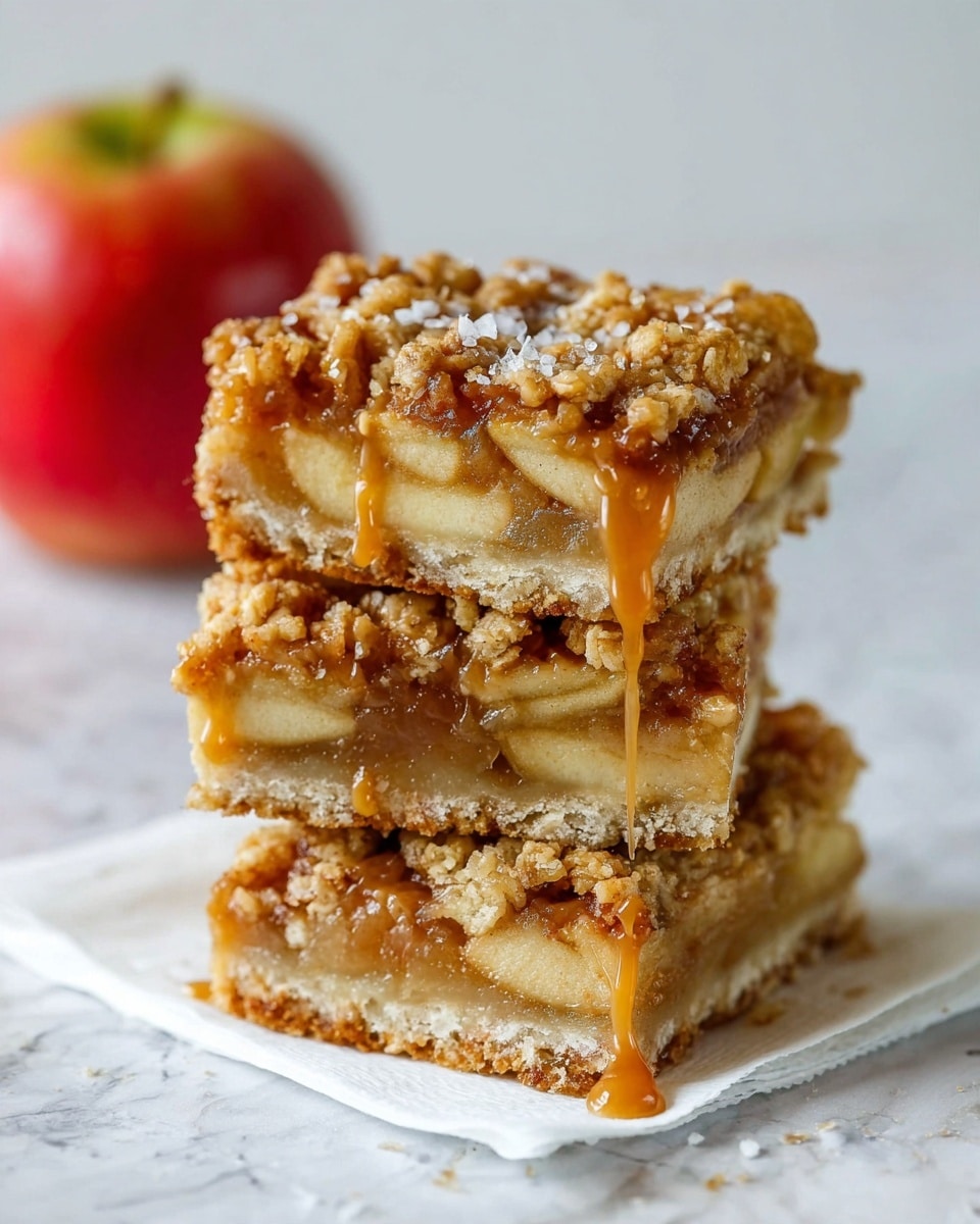 This image shows three stacked apple bars on white folded napkins, placed on a white marbled surface. Each bar has three visible layers: the bottom layer is a light, soft crust, the middle layer contains sliced apples with a pale yellow and slightly translucent look, and the top layer is a crumbly, golden brown oat mixture with darker cinnamon spots. There is caramel sauce drizzled unevenly over the top bar, dripping slightly down the sides, and sprinkled with coarse salt flakes. In the background, out of focus, is a whole red apple with a green stem. Photo taken with an iphone --ar 4:5 --v 7