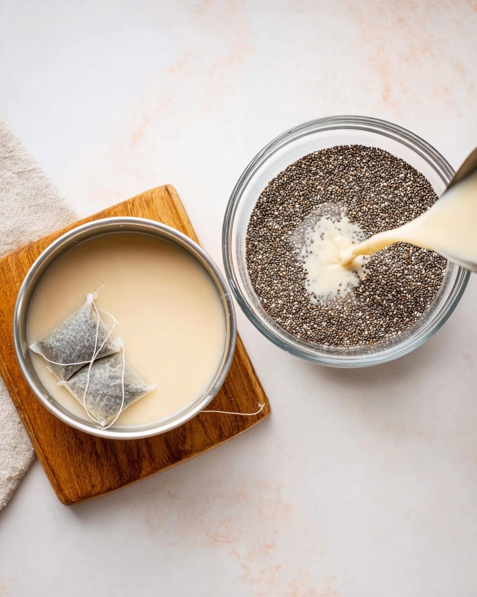 The image shows two parts: on the left, a round silver pot with a light cream liquid inside, with two tea bags partially submerged and string hanging out, placed on a small wooden board on a white marbled surface; on the right, a glass bowl containing a thick layer of chia seeds, with the same cream liquid being poured in from a silver pot above, creating a small splash in the middle of the dark chia seeds; the background is a clean white marbled texture photo taken with an iphone --ar 4:5 --v 7