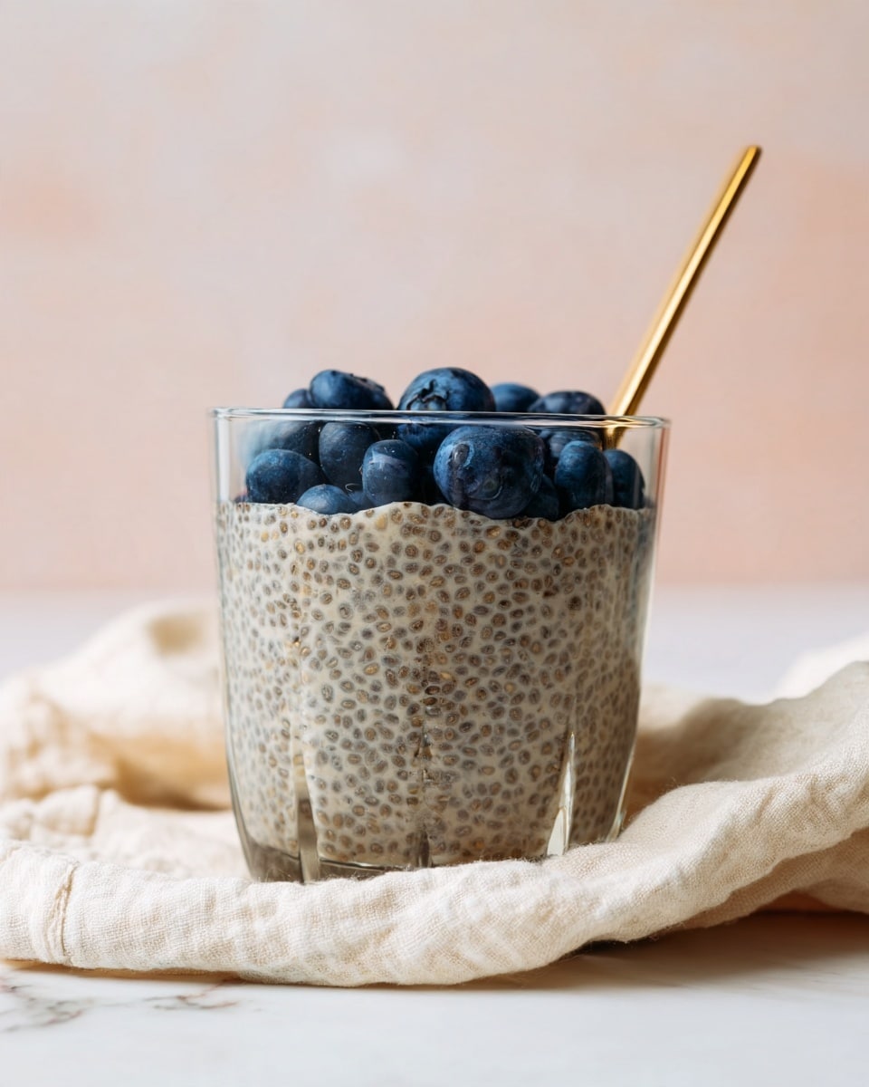 A clear glass filled with one thick layer of textured chia seed pudding, light grayish brown with visible round chia seeds swollen in the mixture. On top, there is a layer of several fresh, plump blueberries, dark blue with a natural matte bloom. A thin golden spoon is placed inside the glass on the right edge, and the glass sits on a soft, slightly wrinkled off-white cloth, all on a white marbled surface with a soft pink blurred background. Photo taken with an iphone --ar 4:5 --v 7
