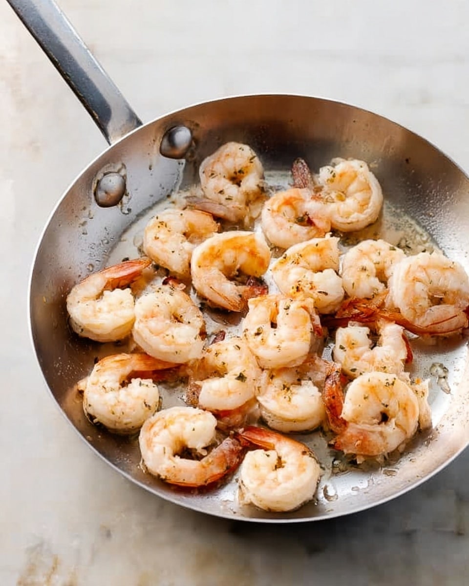 The image shows a silver pan filled with cooked shrimp. The shrimp are light pink and white with some browning on the edges, giving a slightly crispy look. They are spread evenly across the pan with their tails still on. The pan handle extends out towards the bottom left of the picture. The pan is placed on a white marbled surface with soft natural lighting highlighting the shrimp's texture and color. Photo taken with an iphone --ar 4:5 --v 7