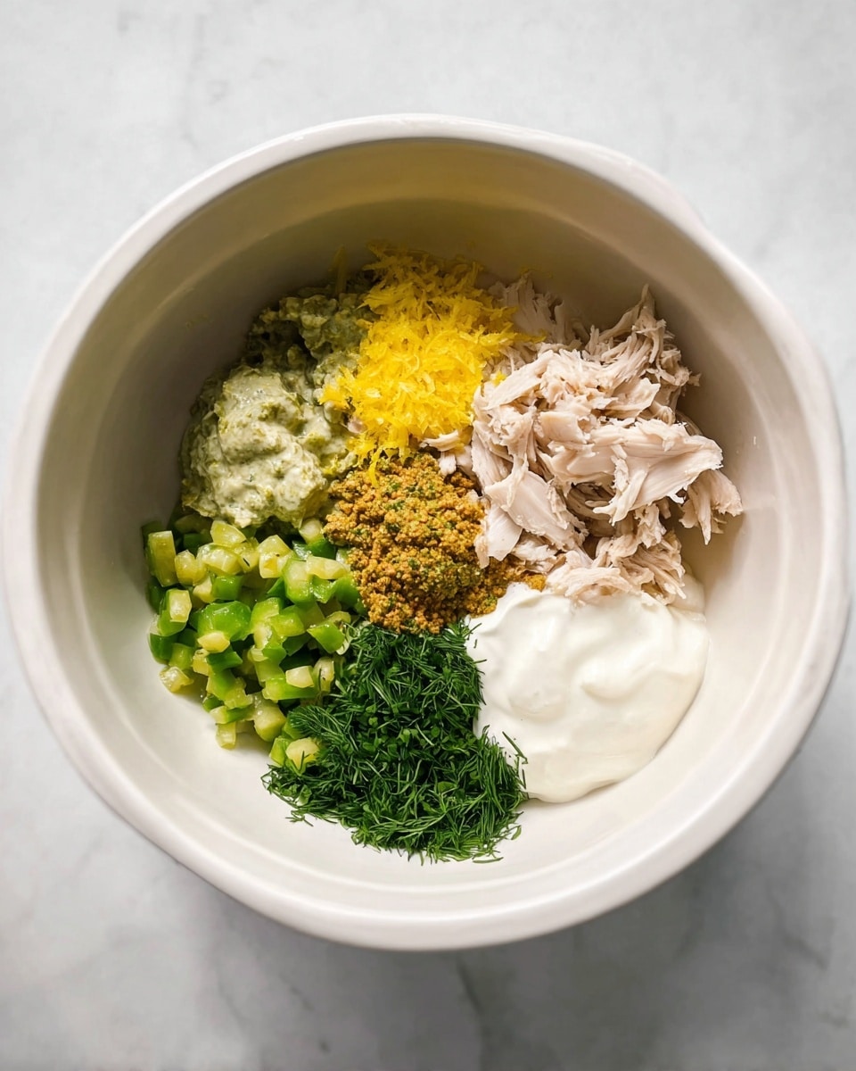 Inside a white bowl, there are seven different uncooked ingredients arranged in separate small piles. Clockwise from the top right, there is shredded light beige cooked chicken, bright yellow lemon zest, finely chopped green pickles, mustard with visible grainy texture in orange and brown, chopped bright green celery, smooth white mayonnaise, creamy off-white sour cream, and finely chopped dark green fresh dill. The bowl sits on a white marbled surface. photo taken with an iphone --ar 4:5 --v 7