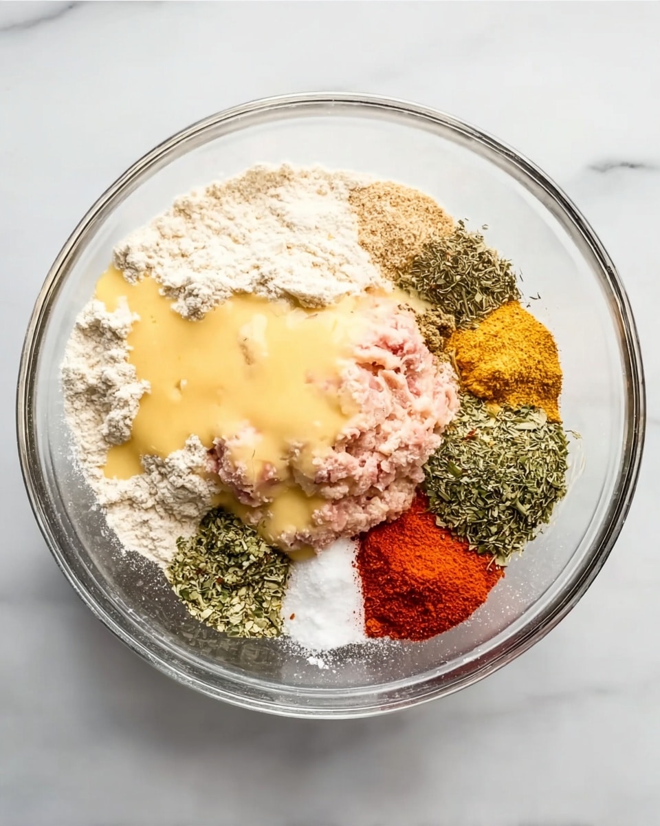 A clear glass bowl sits on a white marbled surface, filled with multiple separated layers of ingredients ready to mix. Starting from the left, there is a large mound of light beige flour, next to a pinkish ground meat mixture. Above the meat, a pale yellow beaten egg spreads across the bowl. To the upper right, there are different spices and herbs lined up in small piles: light brown dried herbs, green dried parsley, dark brown pepper, bright red paprika, and a sprinkling of white salt. The colors are soft but clearly distinct, each ingredient sitting cleanly in its own space inside the bowl. photo taken with an iphone --ar 4:5 --v 7