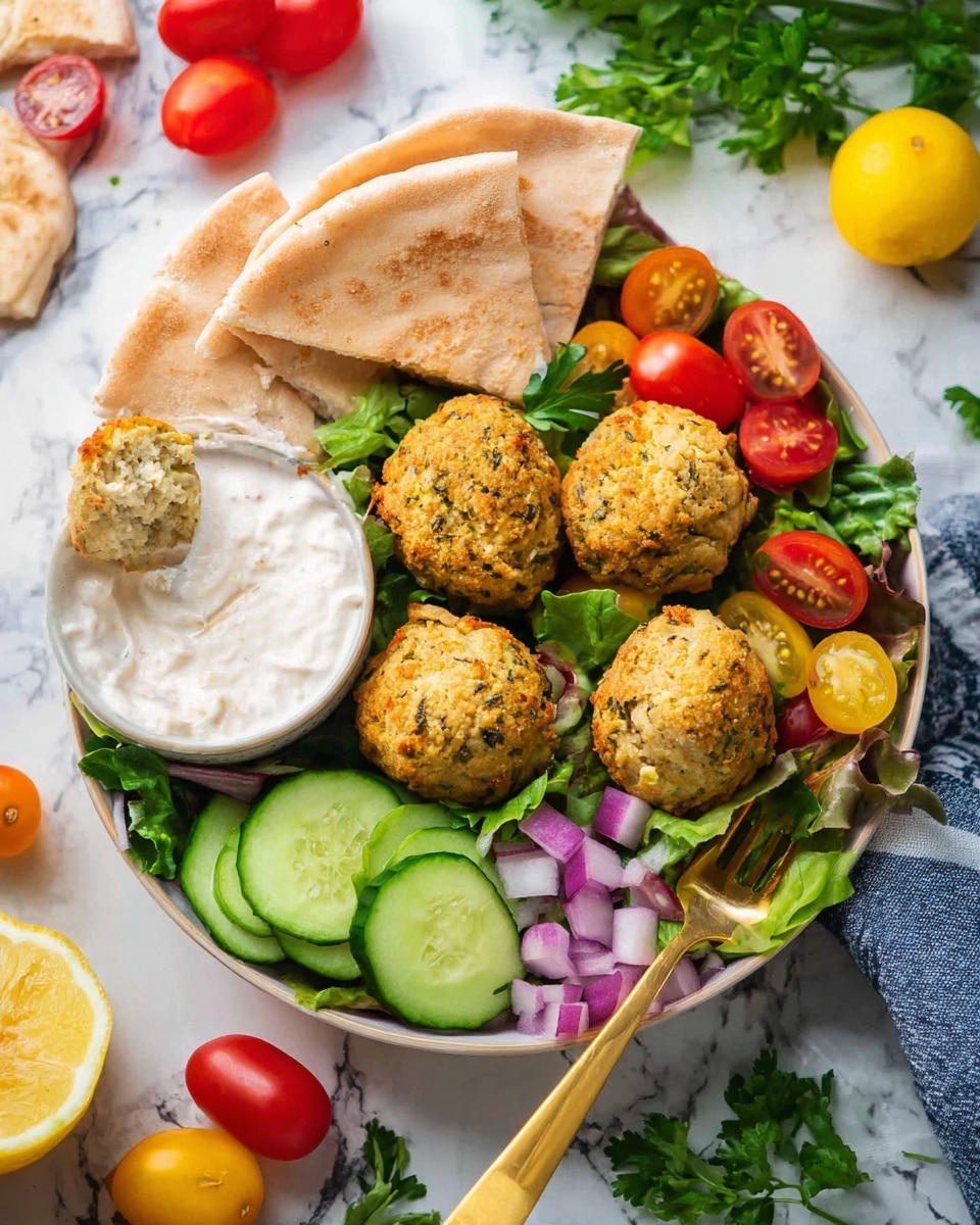 A white bowl filled with five light golden falafel balls placed on a bed of mixed green leafy vegetables. On one side, there are three folded pieces of pita bread with a soft, slightly browned texture leaning against the falafel. Next to the falafel, fresh vegetables like sliced cucumbers, halved red and yellow cherry tomatoes, and diced red onions are scattered, adding pops of red, yellow, and green colors. A small white bowl of creamy white sauce sits on the left side of the bowl, partially covering some leafy greens. A gold fork is placed at the bottom right corner of the bowl, partly resting on the salad. The bowl is set on a white marbled surface with fresh parsley sprigs, a halved lemon, and some additional cherry tomatoes visible in the background. Photo taken with an iphone --ar 4:5 --v 7