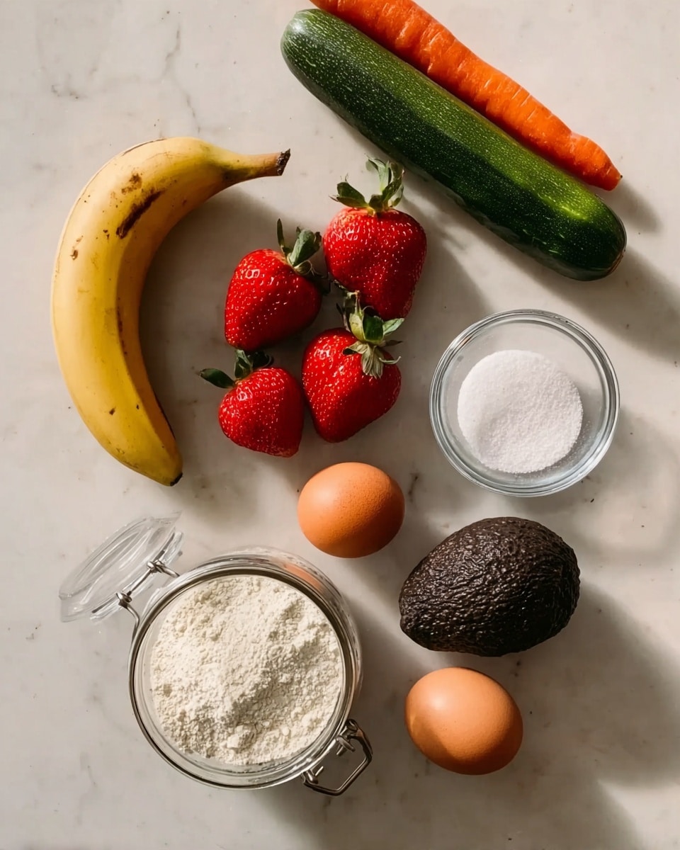 The image shows a collection of food items laid out on a white marbled surface. Starting from the top, there is a ripe yellow banana with brown spots, a dark green cucumber, and a bright orange carrot placed vertically. Below these, a cluster of fresh red strawberries with green tops is scattered near a whole avocado with dark, rough skin positioned in the center. To the right of the avocado, there is a small clear glass bowl containing white granulated sugar. Below the strawberries and avocado are two brown eggs placed side by side, and next to them is a small clear glass bowl filled with white flour. At the bottom of the image, there is a glass jar filled with white flour, with a metal clasp on the jar's lid. The whole setup is viewed from above with soft lighting, showing the natural textures and colors of the ingredients. Photo taken with an iphone --ar 4:5 --v 7