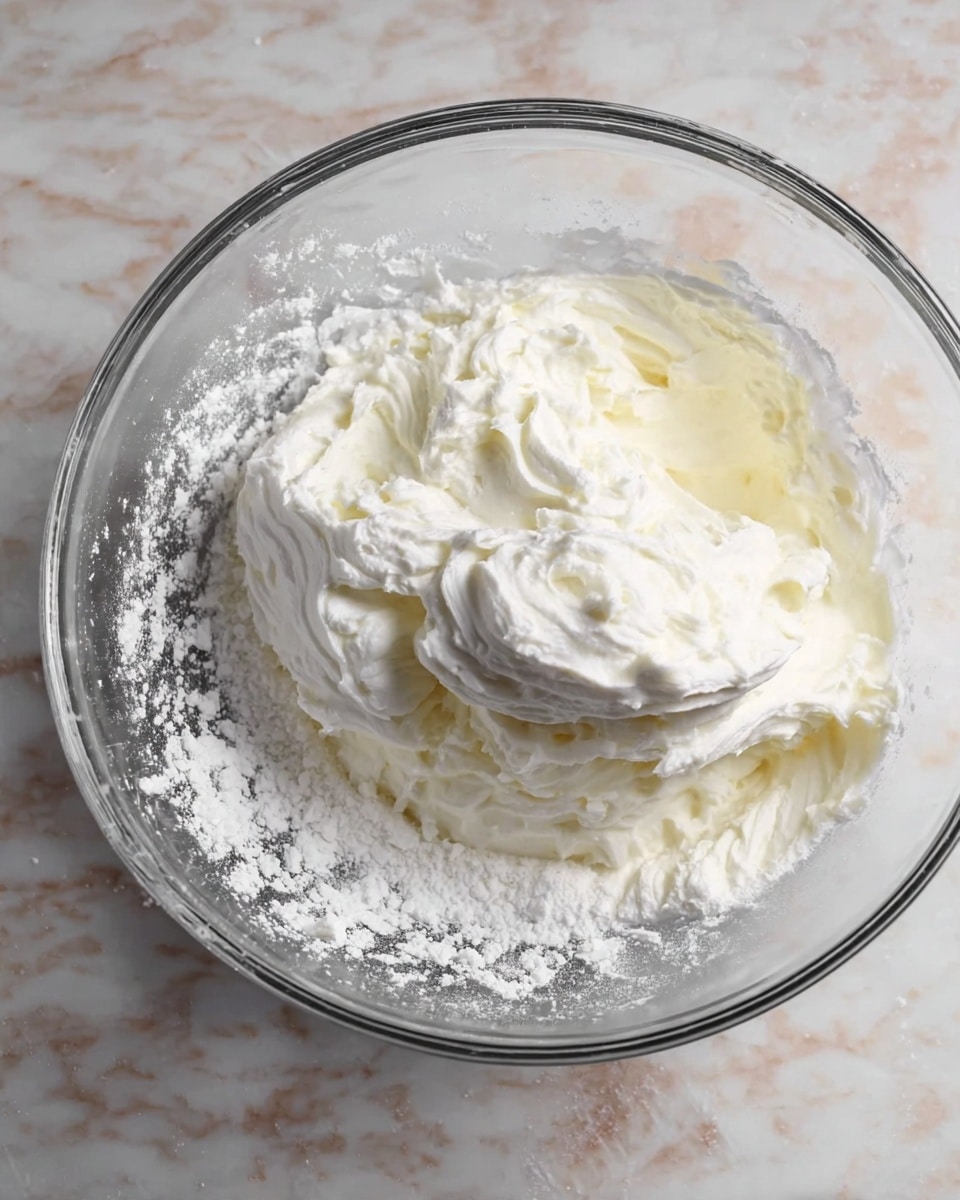 A clear glass bowl filled with two layers of white cream mixes, the bottom layer looks thick and creamy while the top layer is smooth and fluffy, resting on the bottom mix as it is folded in, the bowl is on a white marbled surface with some powder scattered around the sides inside the bowl, showing a light texture on the creamy layers, photo taken with an iphone --ar 4:5 --v 7