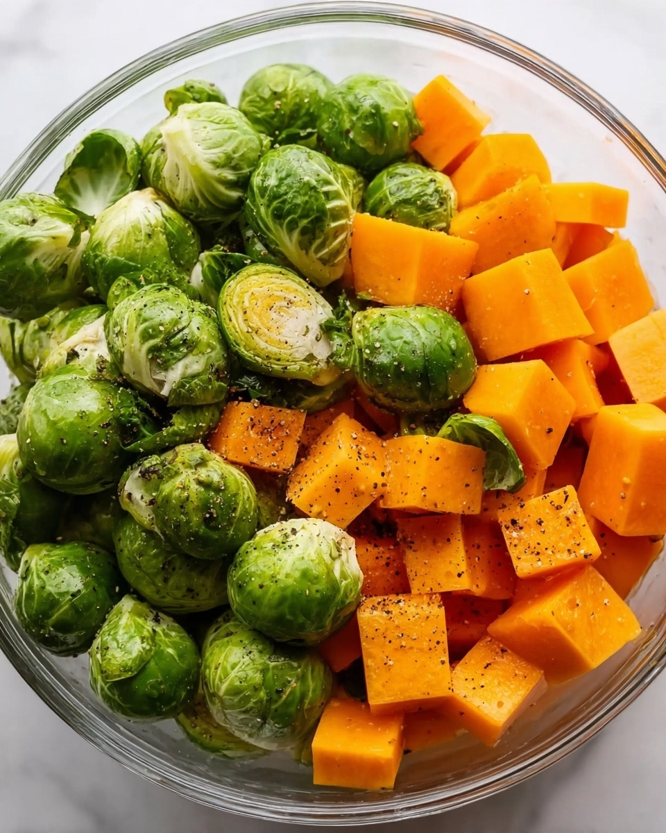 A clear glass bowl holds three layers of fresh vegetables on a white marbled surface. The first layer shows small whole green Brussels sprouts with visible leaves tightly packed. The second layer features bright orange cubes of butternut squash, smooth in texture and evenly sized. The third layer is a light sprinkle of coarse black pepper scattered across the Brussels sprouts and squash, adding contrast to the vibrant colors. The overall look is fresh and healthy with bright green and orange shades. photo taken with an iphone --ar 4:5 --v 7