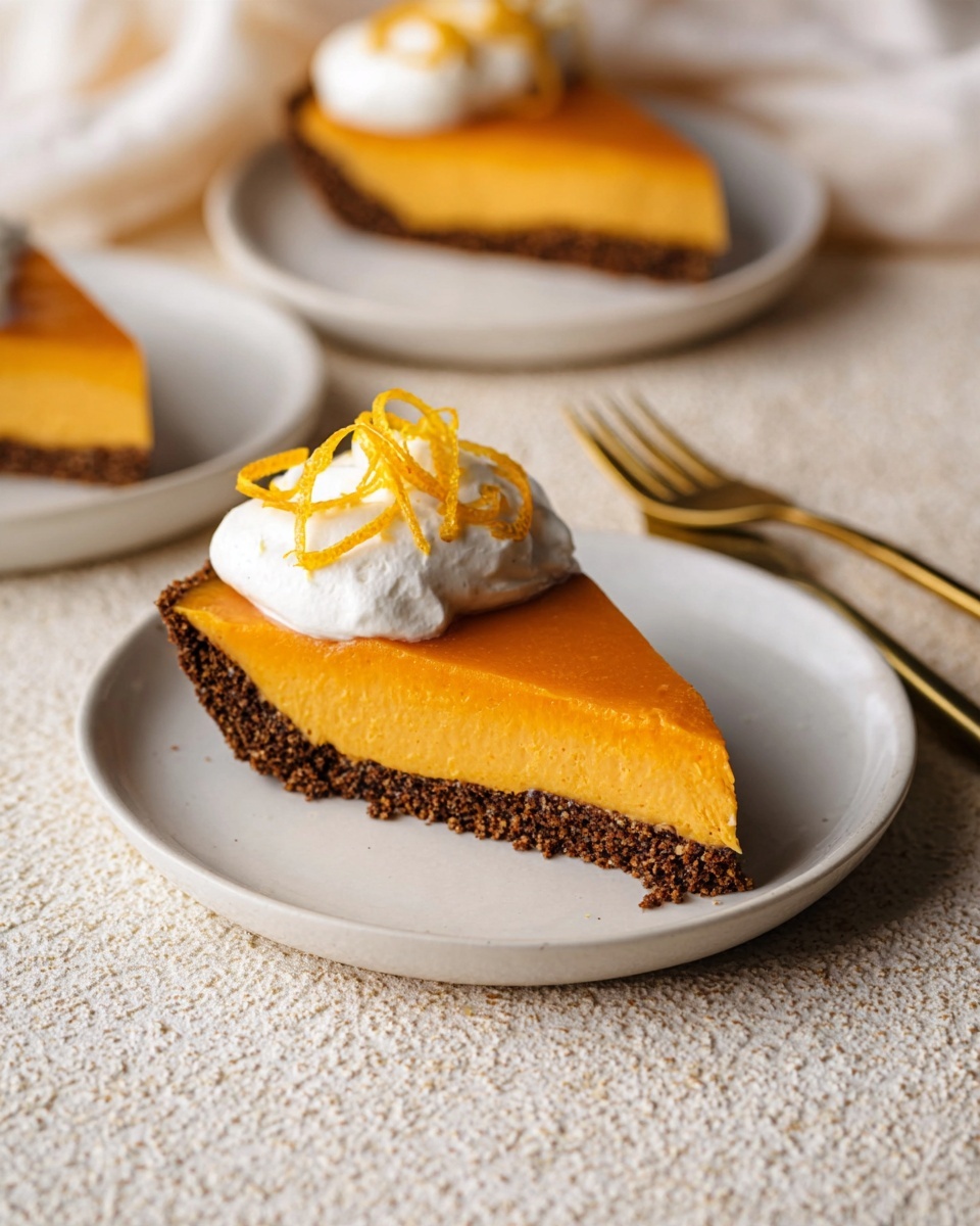 The image shows a slice of pie on a white plate with three visible layers: a dark brown crumbly crust at the bottom, a thick and smooth bright orange filling in the middle, and a dollop of white whipped cream on top, decorated with thin orange peel curls. In the background, there is another similar slice on a white plate, and the setting has a soft, light-toned textured surface with a cream cloth and a golden fork nearby. The photo taken with an iphone --ar 4:5 --v 7