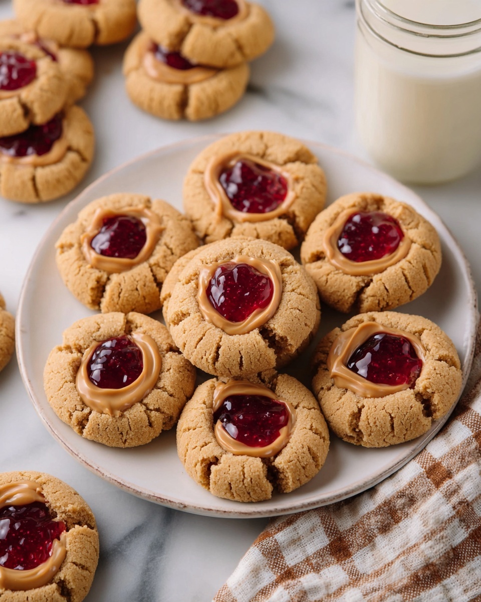 A white plate filled with eleven round peanut butter cookies with cracked surfaces, each topped with a smooth, light brown peanut butter dollop and a shiny, dark red raspberry jam dollop on top of the peanut butter. The plate is placed on a white marbled surface surrounded by more cookies. To the right, there is a glass jar of milk and a folded white and brown checkered cloth. Photo taken with an iphone --ar 4:5 --v 7