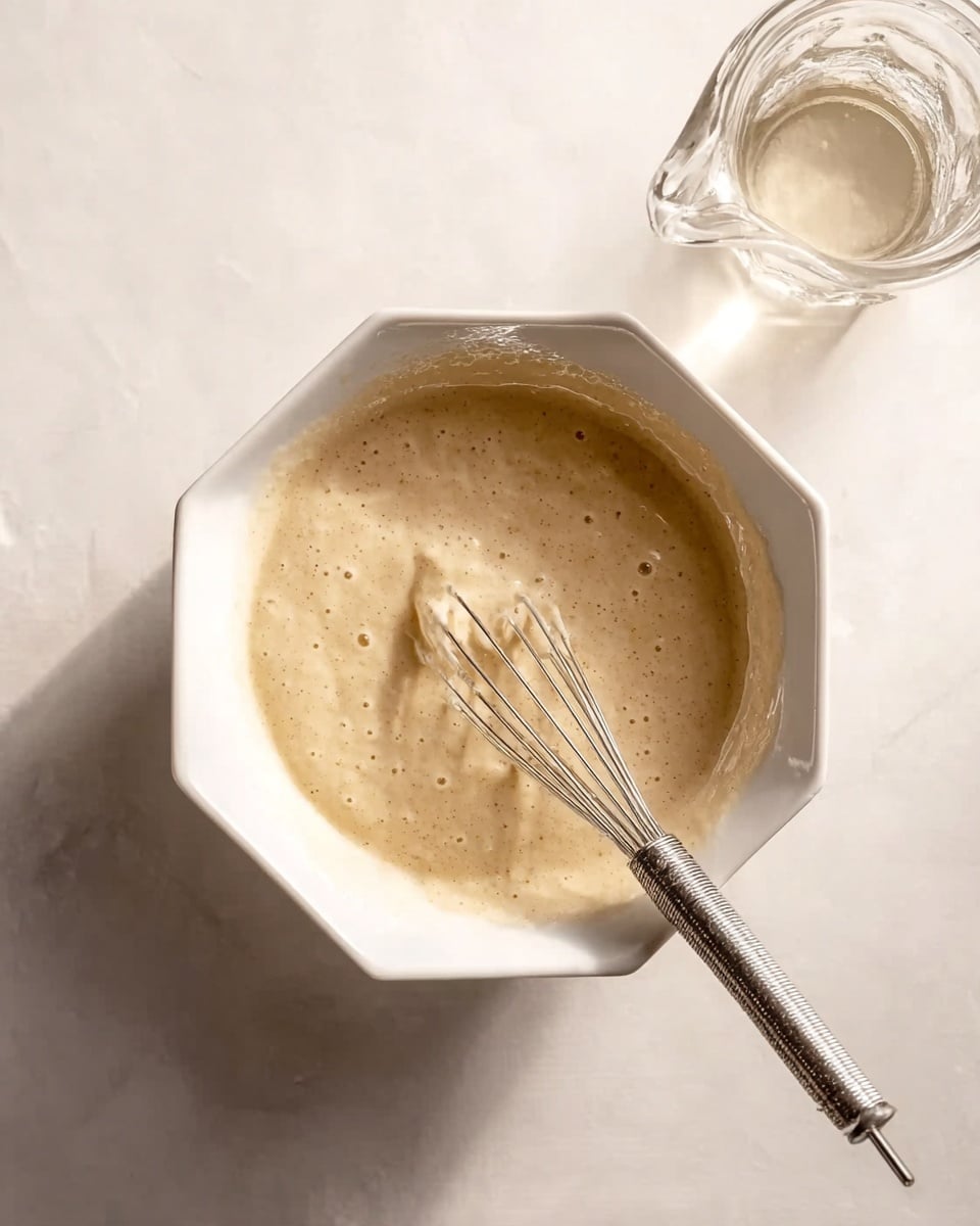 The image shows a white octagonal bowl filled with thick, light beige batter with small bubbles and a smooth texture, being mixed with a shiny metal whisk. The bowl is placed on a white marbled surface. To the upper right part of the image, there is a clear glass container with a handle, partially visible, likely holding a small amount of water or another liquid. The lighting is soft and natural, casting gentle shadows and highlighting the creamy texture of the batter photo taken with an iphone --ar 4:5 --v 7