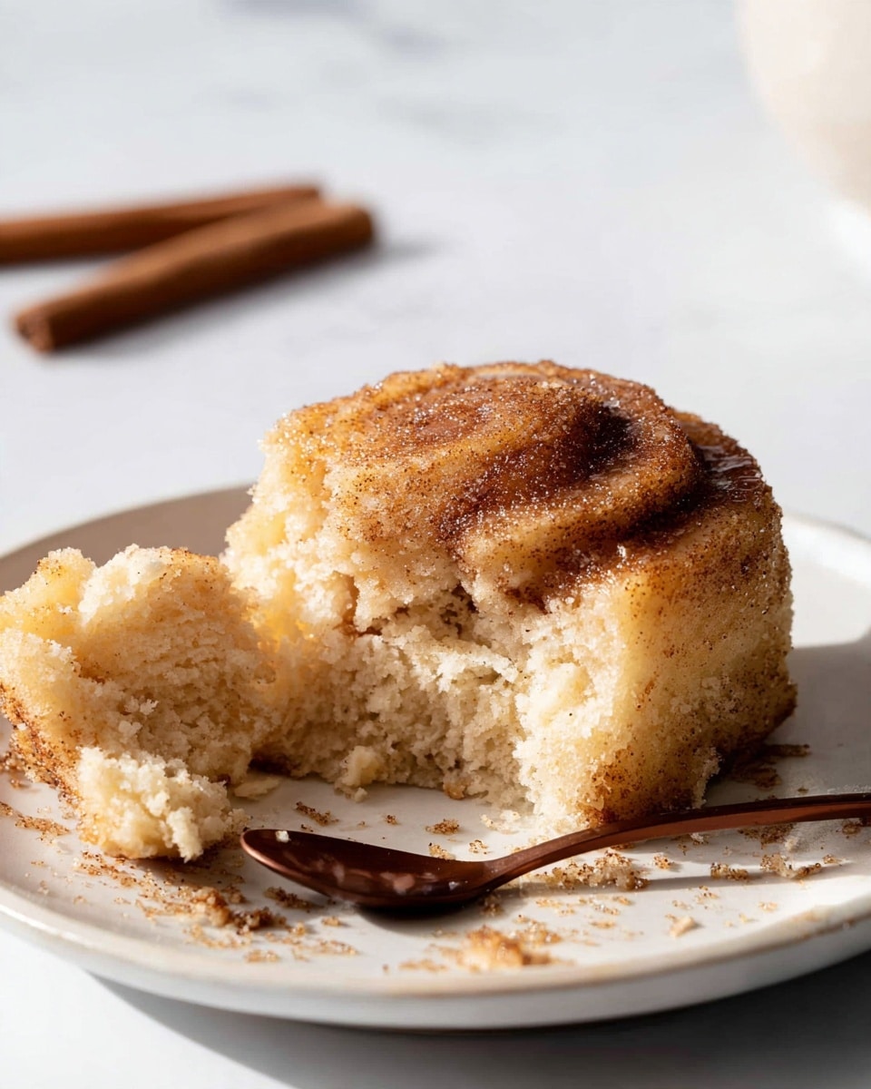 A soft, single-layer cinnamon roll sits on a white plate with crumbs scattered around, showing a fluffy, moist inside with a light beige color. The top layer is coated with a golden-brown cinnamon sugar mix that has a slightly grainy texture, melting into the roll. A piece of the roll is broken off and placed nearby on the plate. There is a brown spoon resting on the edge of the plate, and two cinnamon sticks are blurred in the background on a white marbled surface. The lighting is natural, highlighting the texture and warmth of the roll. photo taken with an iphone --ar 4:5 --v 7