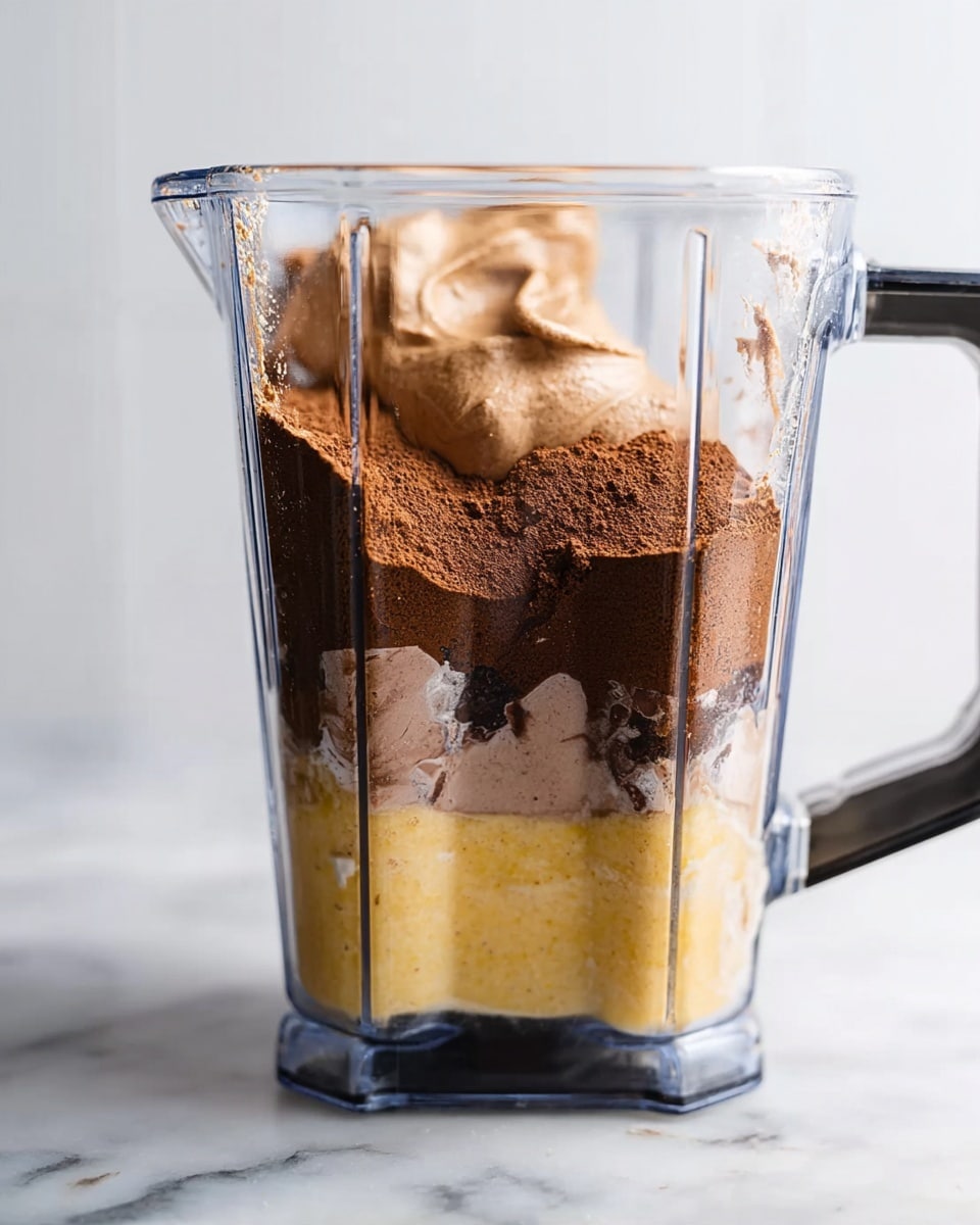 A clear blender container filled with three distinct layers of ingredients: at the bottom, a thick light yellow layer with a smooth texture; in the middle, a dense dark brown powdery layer; and on the top, a creamy light brown dollop with a soft, fluffy texture. The blender has a black handle on the right side and is placed on a white marbled surface. The image is bright with soft natural light. photo taken with an iphone --ar 4:5 --v 7