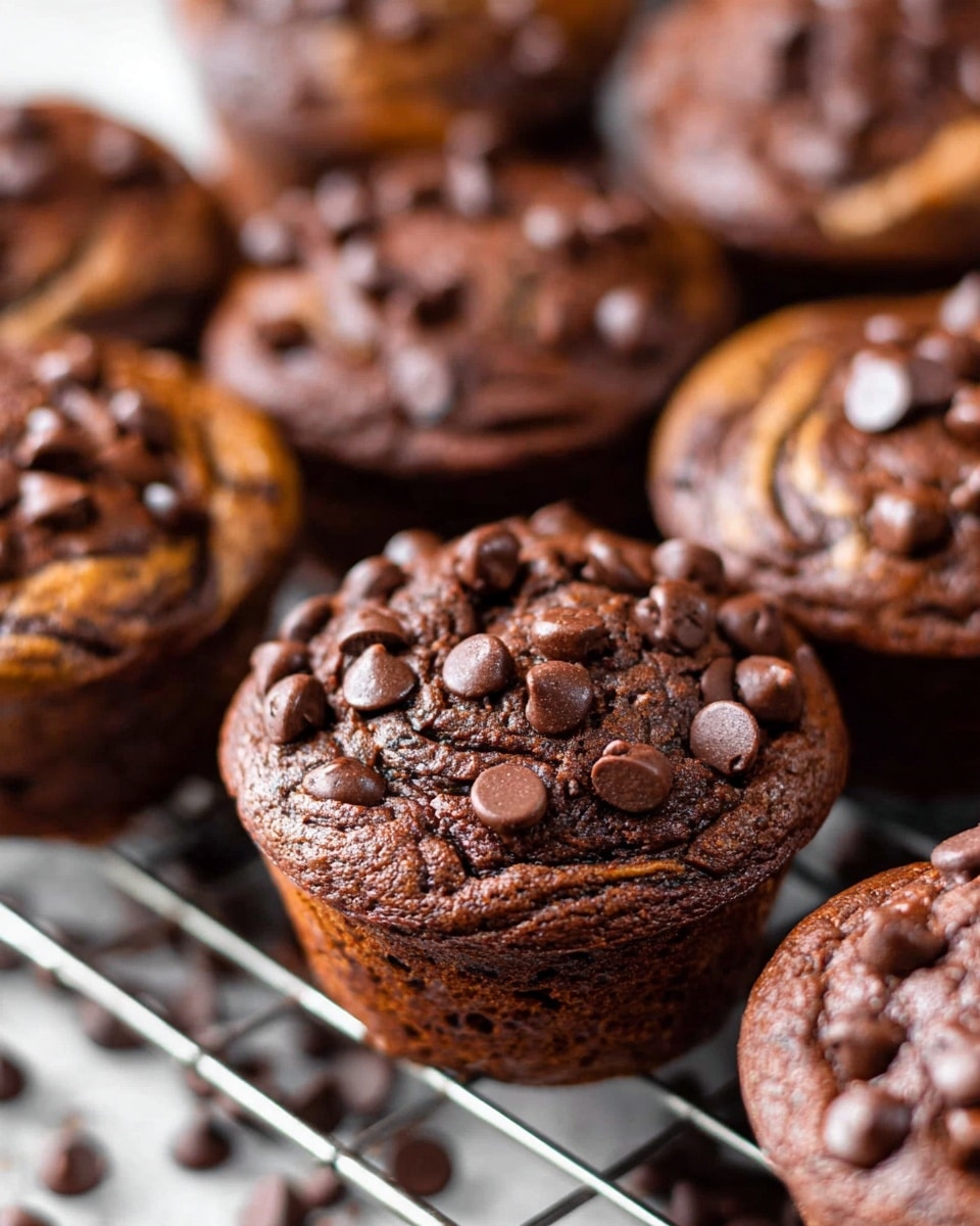 The image shows close-up chocolate muffins arranged closely together on a cooling rack, each one topped with many small chocolate chips. The muffins have a rich, dark brown color with a slightly cracked and soft-looking texture. Some muffins mix in lighter swirls of brown, creating a marbled effect blending with the darker chocolate. The focus is sharp on the muffin in the center, displaying the smooth chocolate chips scattered on its surface, and the background muffins are softly blurred. The whole setup is on a white marbled surface. photo taken with an iphone --ar 4:5 --v 7