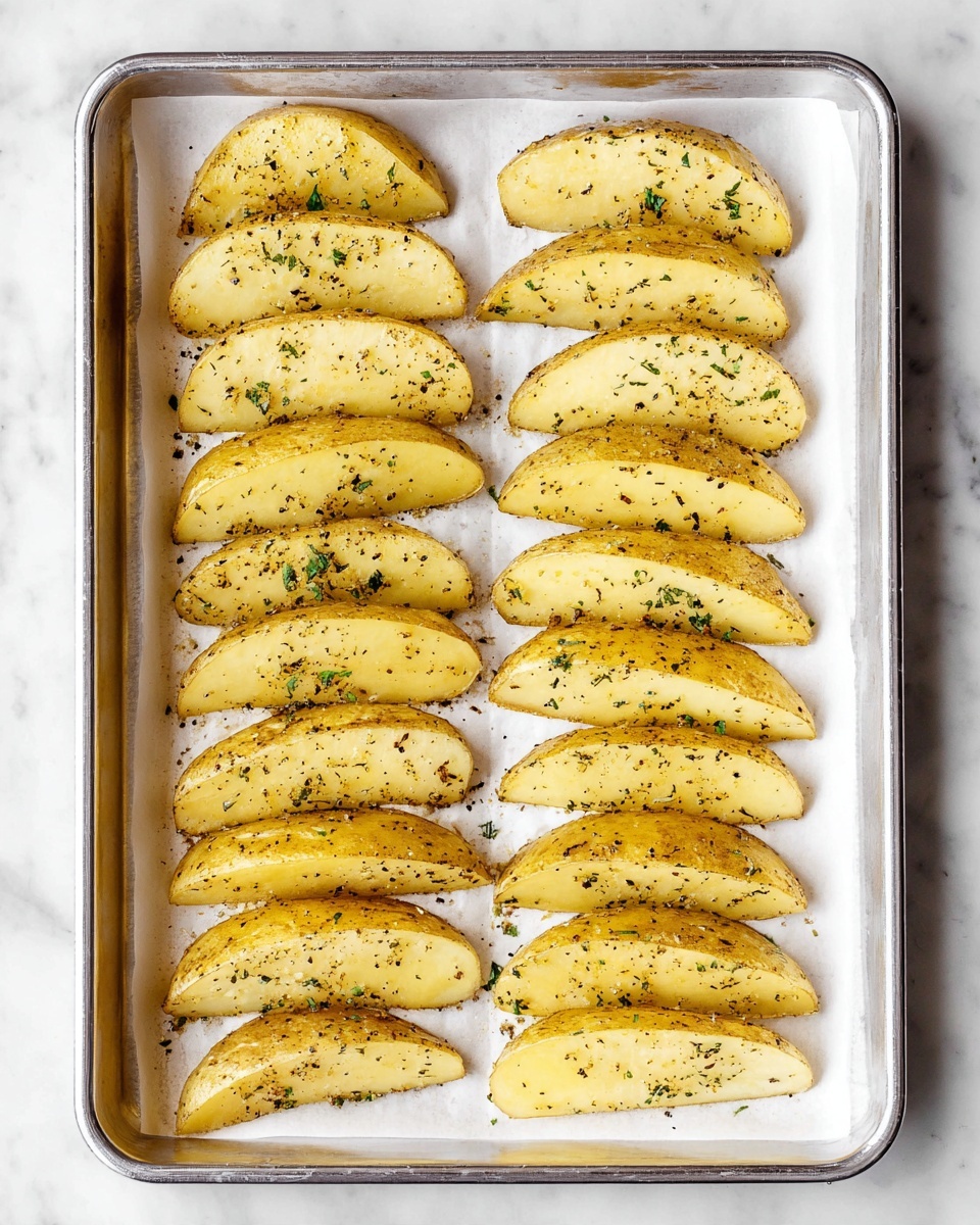 A silver baking tray lined with white paper holds five neat rows of seasoned potato wedges, 7 wedges per row, all evenly spaced. Each potato wedge is light yellow with specks of green and black herbs scattered on top, showing a slightly oily texture. The tray sits on a white marble surface. photo taken with an iphone --ar 4:5 --v 7