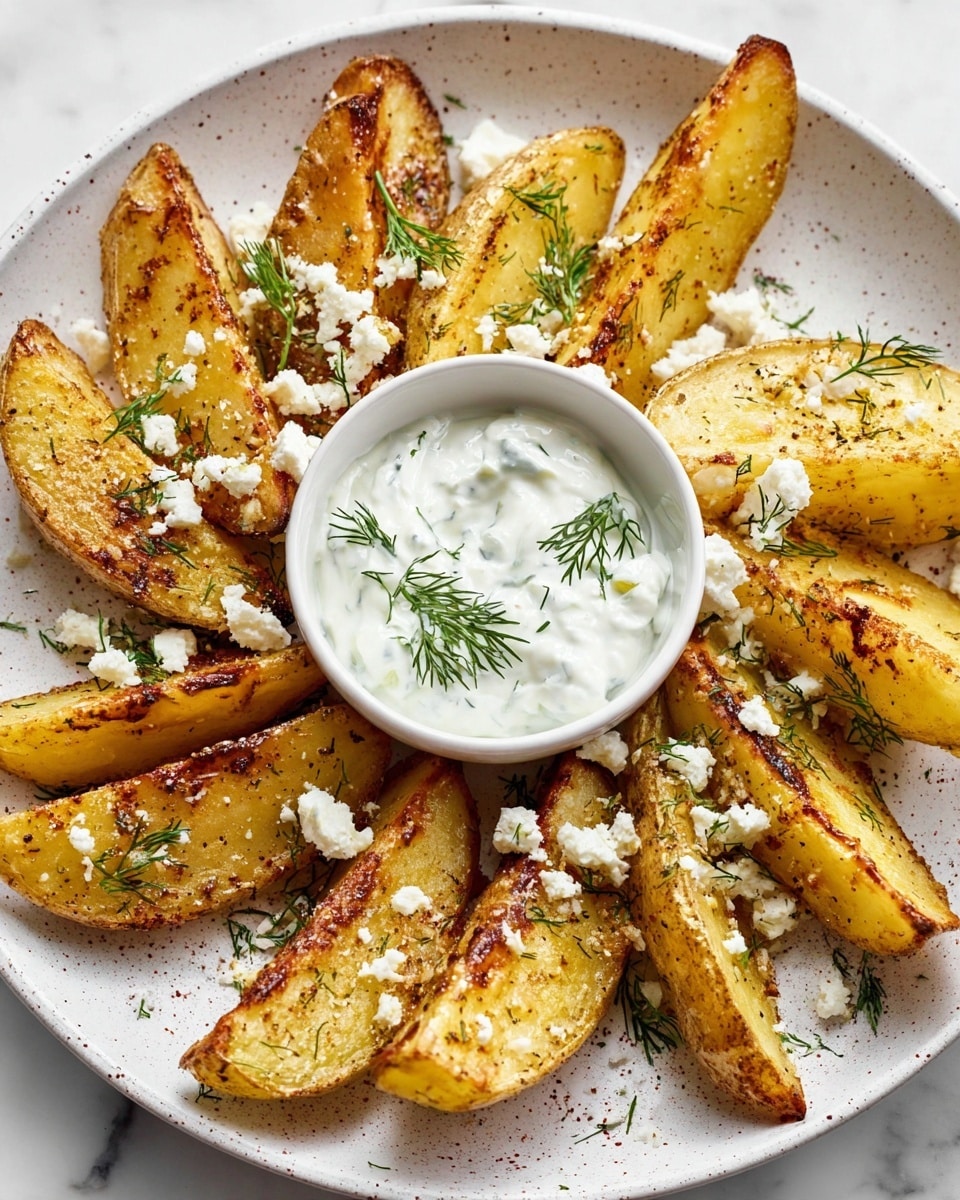 The dish shows golden brown potato wedges arranged in a circular pattern on a white speckled plate over a white marbled surface. The wedges have a crispy, slightly charred texture with visible seasoning. Crumbled white cheese and fresh green dill sprigs are scattered on top of the potatoes. In the center, there is a small white bowl filled with creamy white dip, garnished with more dill leaves. The overall look is fresh with a mix of light yellow, white, and green colors. photo taken with an iphone --ar 4:5 --v 7