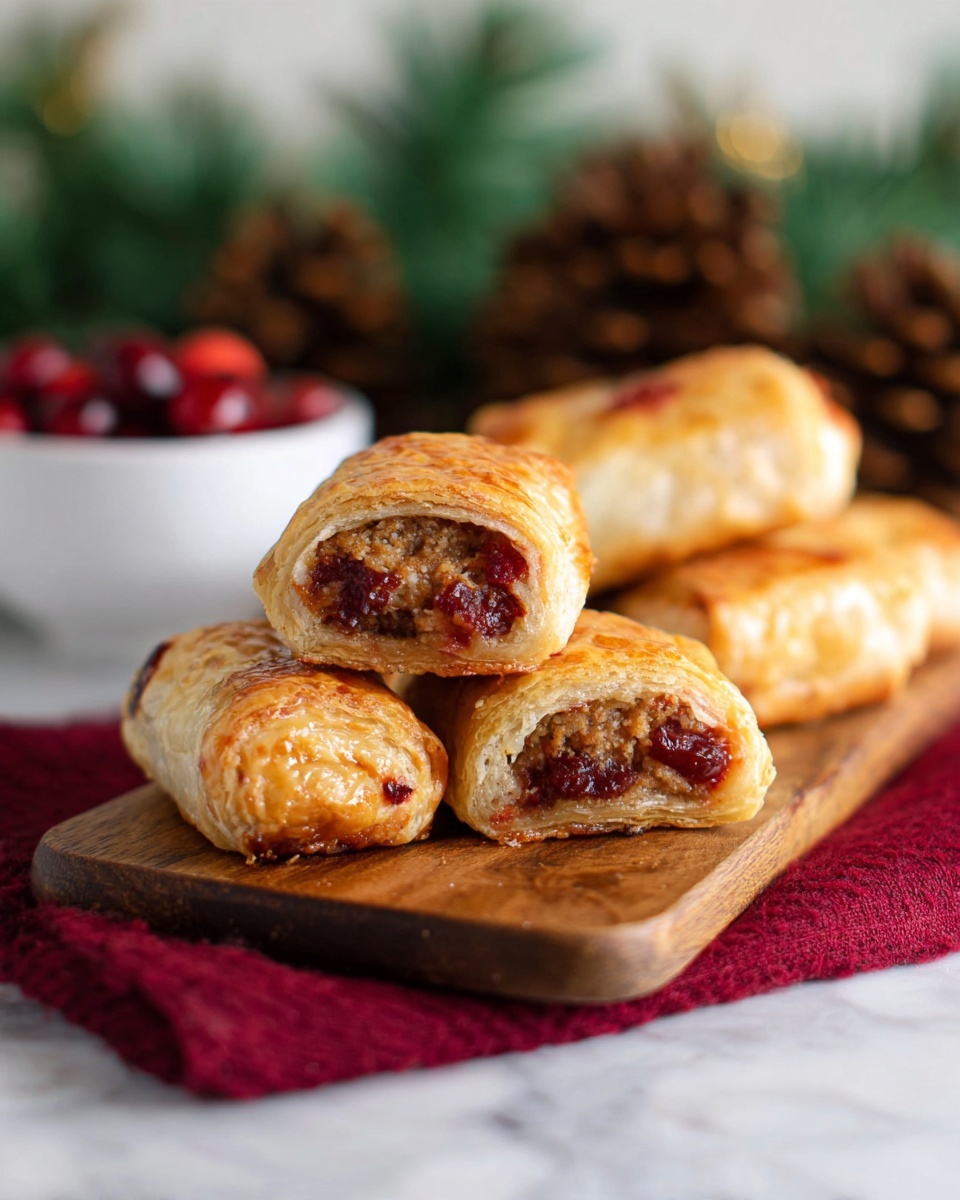 The image shows several small pastry rolls stacked on a wooden board on top of a dark red cloth. Each pastry roll has a golden-brown, flaky outer crust and is cut open to reveal two layers inside: a light brown cooked filling mixed with pieces of red fruit or berry. The background is softly blurred with green pine and brown pinecone shapes, creating a festive look. There is also a white bowl with red fruit to the left side of the board. The board is placed on a white marbled surface. photo taken with an iphone --ar 4:5 --v 7