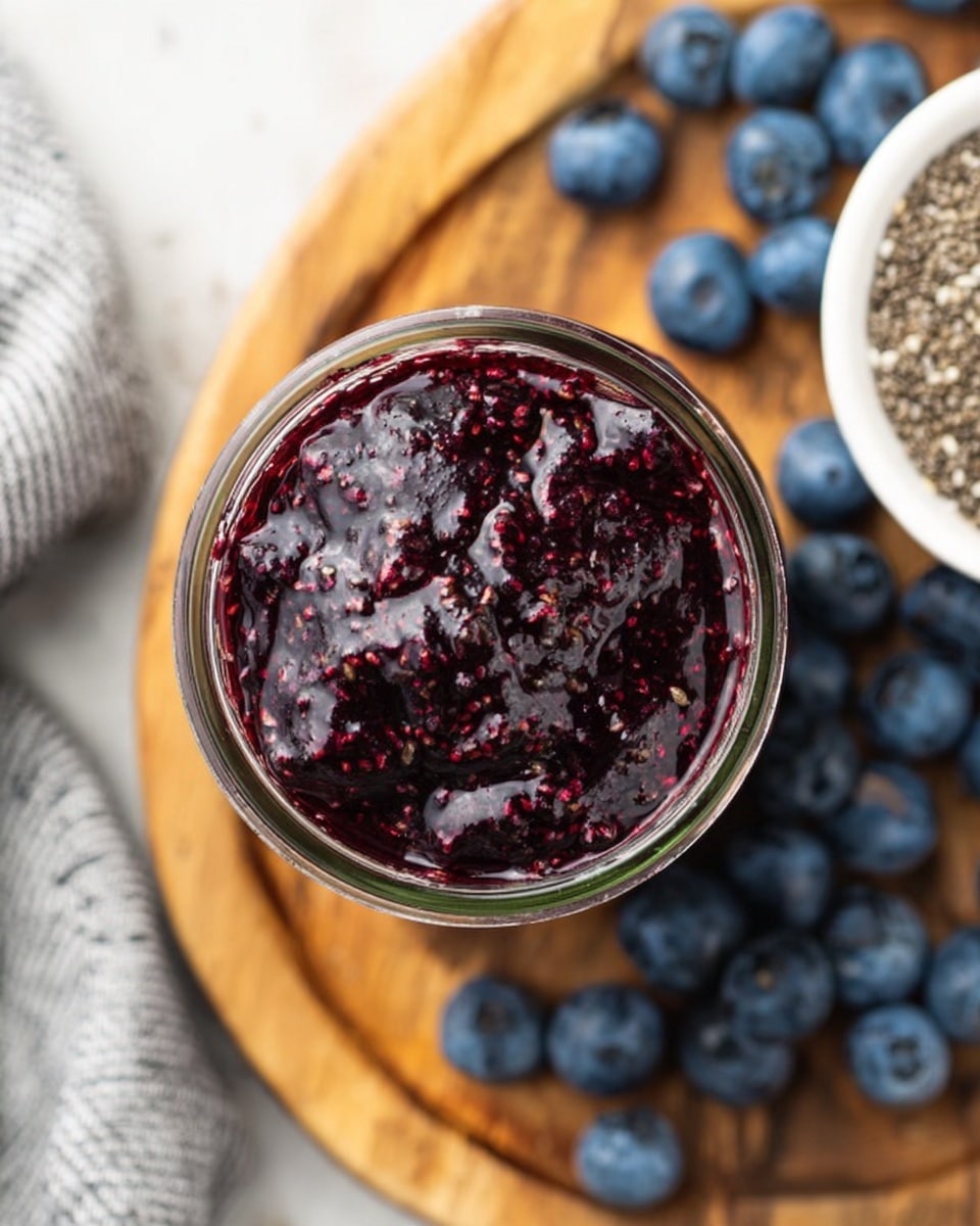 A close-up top view of a small glass jar filled with dark purple, glossy blueberry jam that has a thick, chunky texture with visible seeds and pieces of fruit. The jar sits on a wooden board surrounded by scattered fresh blueberries with a blueish tone. On the right edge, there is a white bowl with ground chia seeds, and a grey striped cloth is partially visible on the left side. The surface is a white marbled texture photo taken with an iphone --ar 4:5 --v 7