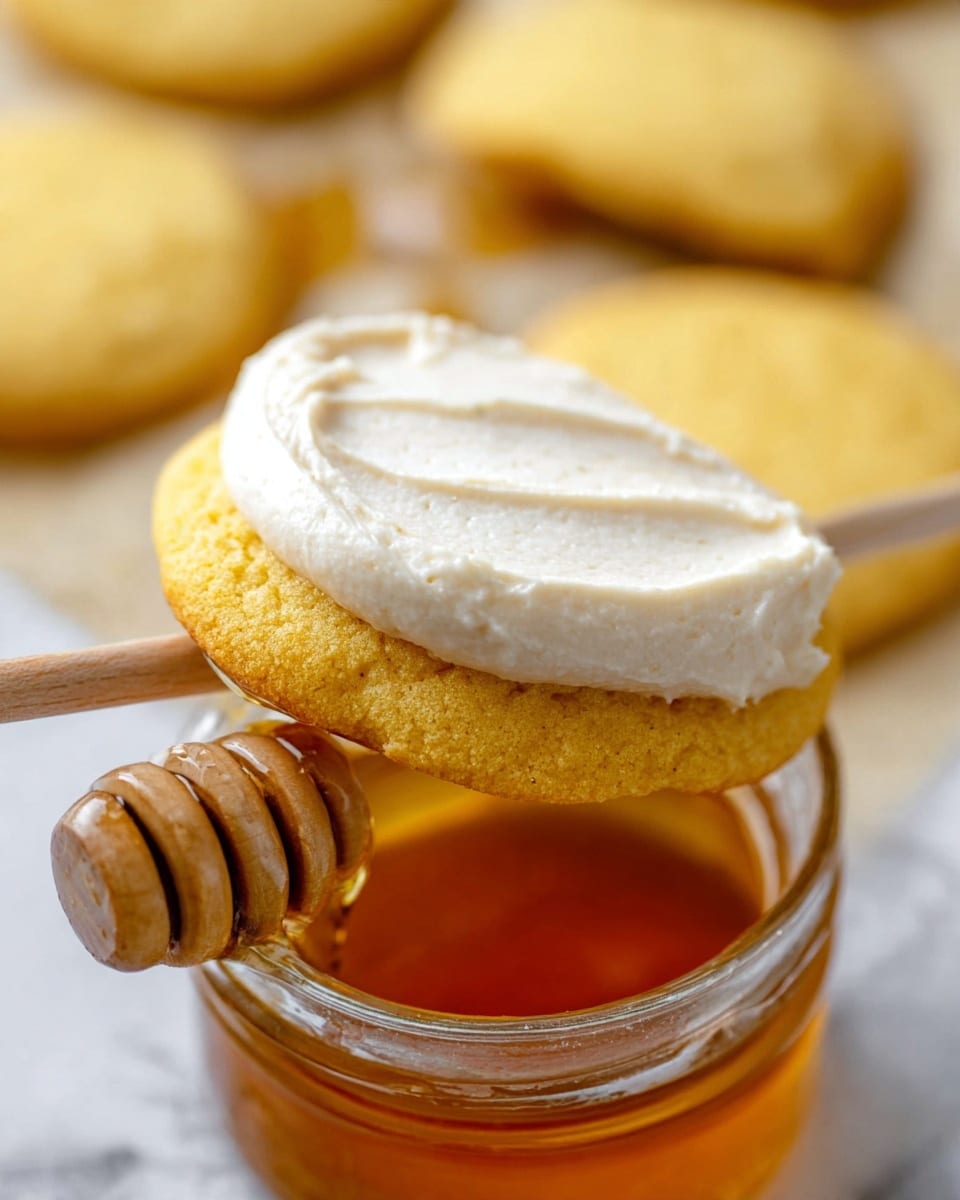 A close-up image showing a single golden yellow cookie with a soft crumb texture, topped with one thick layer of smooth, creamy off-white frosting spread evenly on top. The cookie is held above a glass jar filled with amber-colored honey and a wooden honey dipper resting inside. The background features a white marbled surface with more similar cookies slightly blurred out. photo taken with an iphone --ar 4:5 --v 7