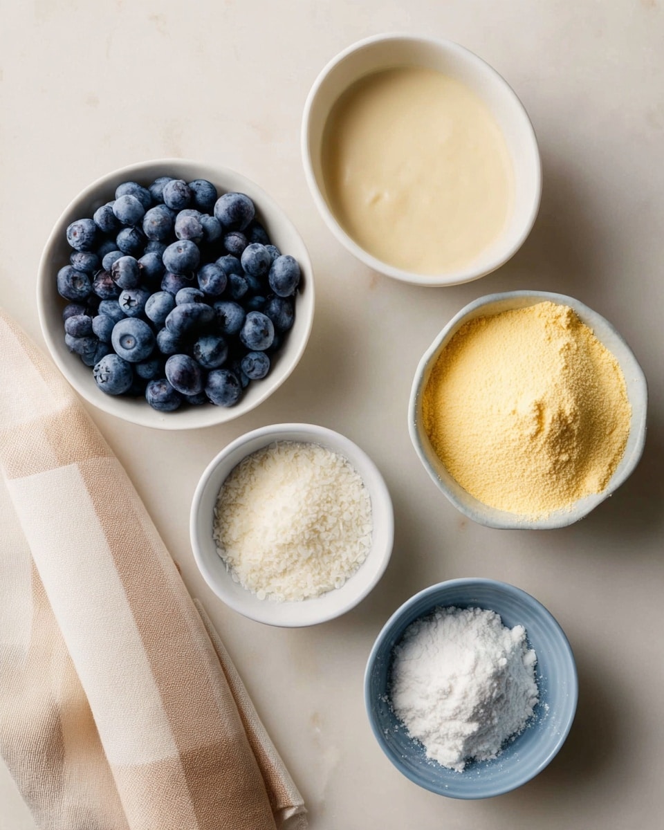 Five small bowls sit on a white marbled surface, each holding different ingredients. The first bowl on the left is white and full of fresh, plump blueberries with a deep blue color. The second bowl, also white, contains a smooth, thick, cream-colored liquid filling it evenly. The third white bowl holds a fine, yellow powder that almost fills the bowl and has a soft texture. Below, a small white bowl with a blue rim is filled with a fine white powder, and next to it, a white bowl has some coarser white flakes. A light beige cloth with a beige stripe lies softly folded in the bottom left corner of the image. photo taken with an iphone --ar 4:5 --v 7