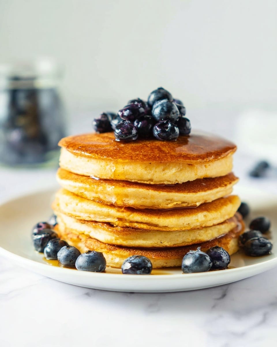 A stack of six golden brown pancakes sits in the center of a white plate on a white marbled surface. The pancakes are fluffy and smooth with a light crispy edge, each layer slightly uneven but thick. On top of the stack is a small pile of shiny, deep blue blueberries, some covered with a light glaze of syrup that runs slightly down the sides of the pancakes. More blueberries are scattered around the base of the pancake stack on the plate. In the background, out of focus, is a clear jar filled with more blueberries. The light is soft and natural, creating a fresh and inviting look. photo taken with an iphone --ar 4:5 --v 7
