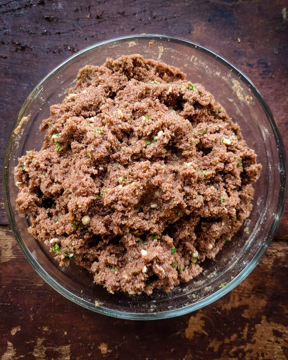 A clear glass bowl filled with a large amount of brown, coarse mixture that looks thick and textured with tiny green and white bits mixed in. The mixture is spread unevenly, showing rough paths and small lumps. The bowl is placed on a dark brown wooden surface with marks and spots. photo taken with an iphone --ar 4:5 --v 7