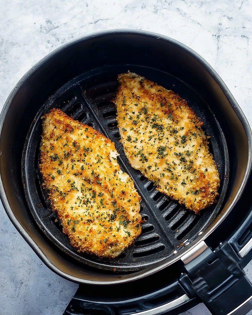 Two pieces of breaded chicken with a light golden brown crust sprinkled with green herbs lie flat inside a black air fryer basket with a round, ridged bottom. The air fryer basket is positioned on a white marbled surface. The photo was taken with an iphone --ar 4:5 --v 7