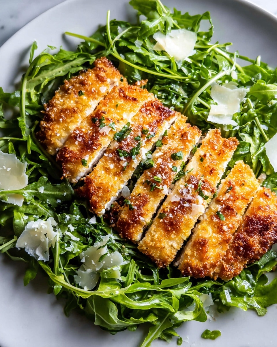 A white plate holds a dish with one main piece of golden brown crispy breaded chicken, sliced into five thick pieces placed lengthwise in the center. Around the chicken, there is a bed of fresh green arugula leaves, some slightly glossy with a light dressing. On top of the chicken and greens, there is a sprinkle of grated white cheese and small green herb bits, adding texture and a touch of color contrast. The plate sits on a white marbled surface. photo taken with an iphone --ar 4:5 --v 7