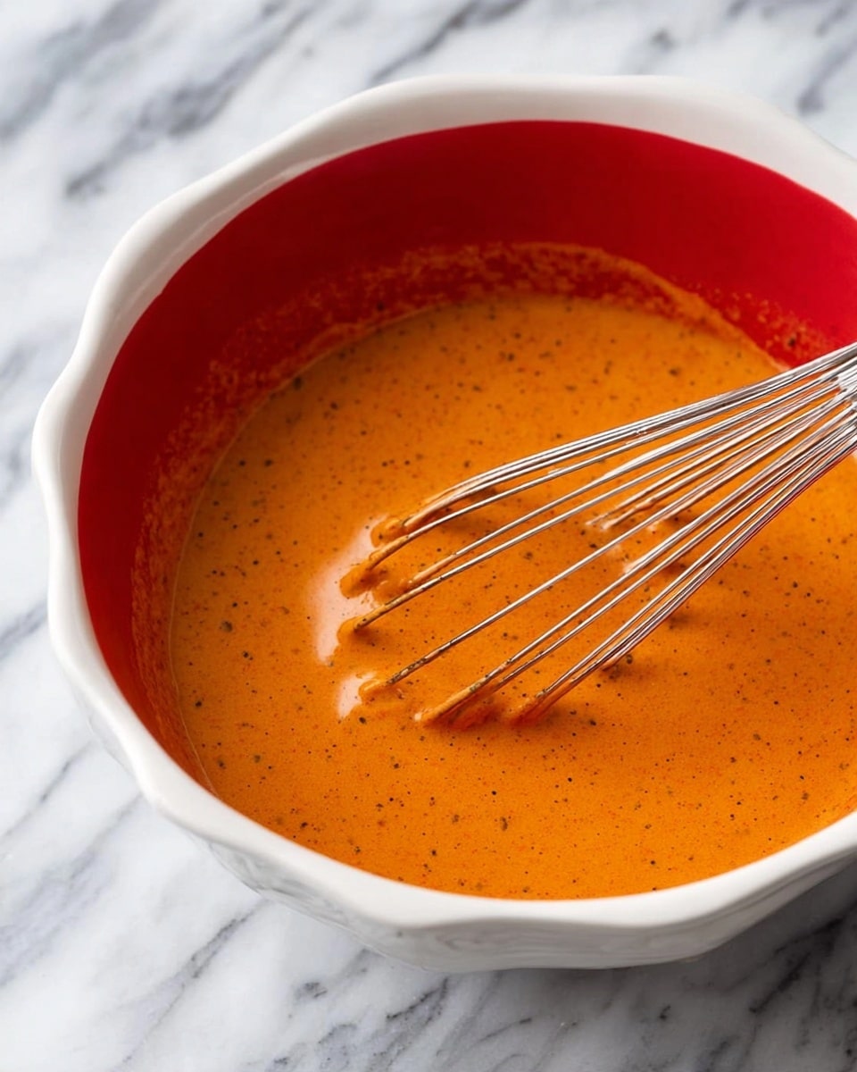 A close-up of a white bowl with a red inside filled with smooth orange sauce mixed with fine darker specks, with a metal whisk partially dipped in the sauce inside the bowl. The bowl is placed on a white marbled surface, and the sauce looks creamy and well blended. Photo taken with an iphone --ar 4:5 --v 7