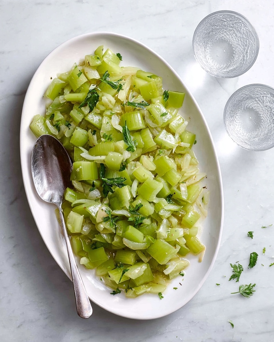 A white oval plate holds a dish of chopped cooked celery pieces that are light to medium green with some translucent bits of cooked onion scattered throughout. The celery is garnished with small, fresh, dark green herb leaves. A silver spoon rests on the left side inside the plate, partially covered by the celery. The plate sits on a white marbled surface with two clear, faceted glasses of water visible in the upper right area. Some small bits of herbs are sprinkled around the plate on the surface. Photo taken with an iphone --ar 4:5 --v 7