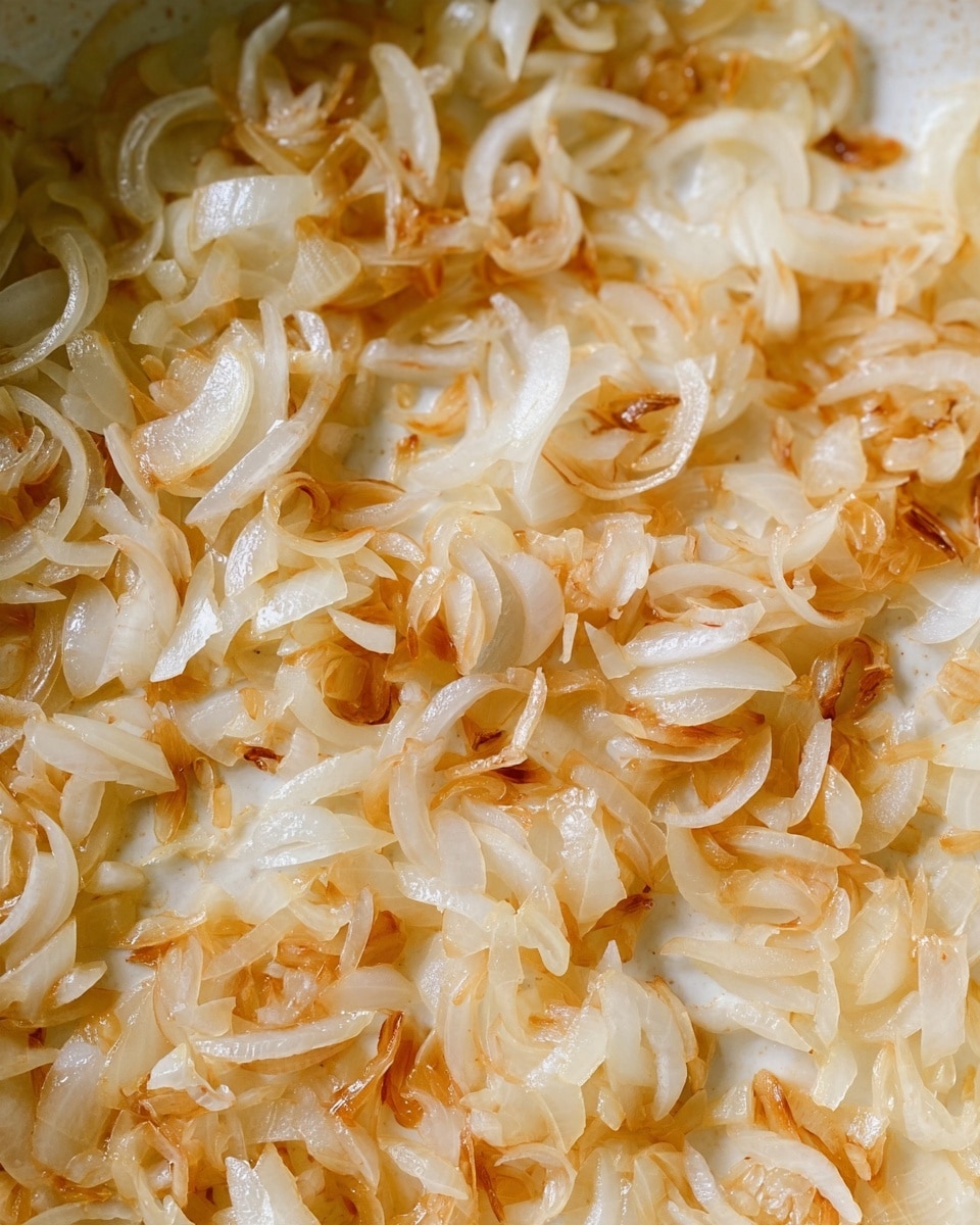 A close-up of a white pan filled with soft, cooked onion slices in light golden brown color, some pieces showing slight caramelized edges, with a shiny texture from cooking oil. The onions are spread thinly and evenly across the pan's base, creating a layered effect of translucent whites mixed with light warm brown hues on a white marbled surface. photo taken with an iphone --ar 4:5 --v 7