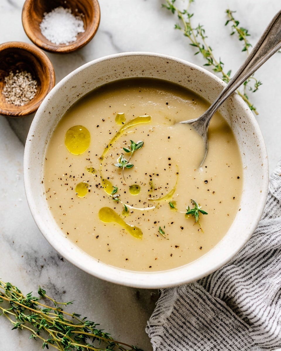 A white bowl filled with smooth, light beige soup sits on a white marbled surface. The soup has a few drops of shiny olive oil on top, scattered small green herb leaves, and a sprinkling of black pepper. A silver spoon is partially dipped into the soup, with its handle resting on the bowl's edge. Nearby, two small wooden bowls hold coarse salt and ground pepper, and fresh thyme sprigs lie beside the bowl. A striped cloth napkin is also partially visible on the right side. Photo taken with an iphone --ar 4:5 --v 7