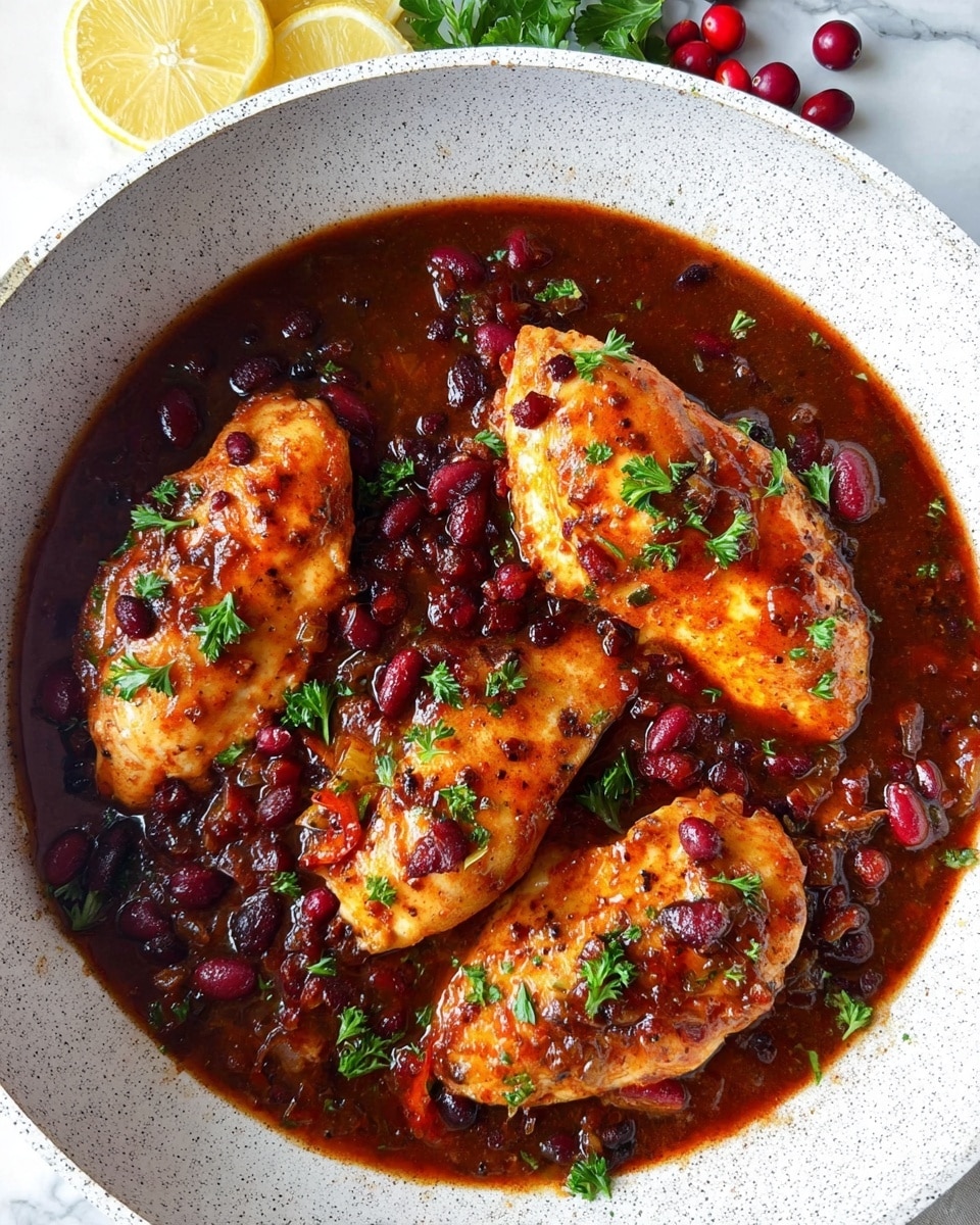 The image shows three pieces of cooked chicken placed in a white speckled pan filled with a dark red sauce containing black beans and small bits of red vegetables. The chicken pieces have a golden brown top with a glossy texture from the sauce and are sprinkled with fresh green parsley leaves. The sauce looks thick and rich, spreading evenly around the chicken. Around the pan, there are some red cranberries, green parsley, and lemon slices arranged on a white marbled surface. Photo taken with an iphone --ar 4:5 --v 7