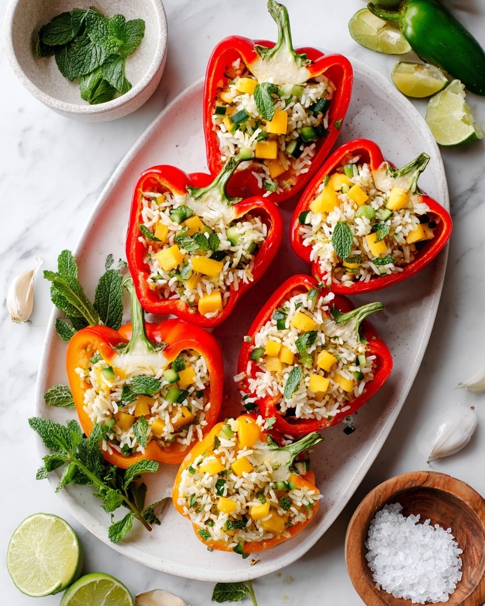 A white oval plate holds six red bell peppers sliced in half and filled with a mix of white rice, yellow mango cubes, small green cucumber pieces, and fresh green herbs with mint leaves on top. The plate is set on a white marbled surface with lime wedges, fresh mint, garlic, a green chili pepper, and a small wooden bowl of coarse salt on the side, giving a fresh and colorful look. Photo taken with an iphone --ar 4:5 --v 7