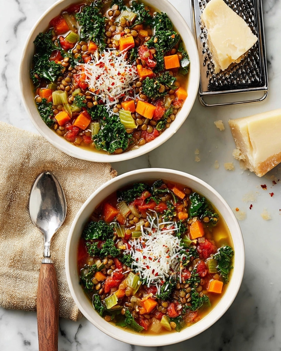 Two white bowls filled with a colorful vegetable and lentil soup are placed on a white marbled surface. Each bowl shows a mix of diced orange carrots, green leafy kale, brown lentils, chopped celery, and red tomato pieces in a light broth. On top of the soup, there is a small pile of white shredded cheese with some red chili flakes sprinkled over it. A spoon with a wooden handle rests beside the lower bowl on the surface near a beige napkin. Nearby is a wedge of hard cheese on a metal grater. Photo taken with an iphone --ar 4:5 --v 7