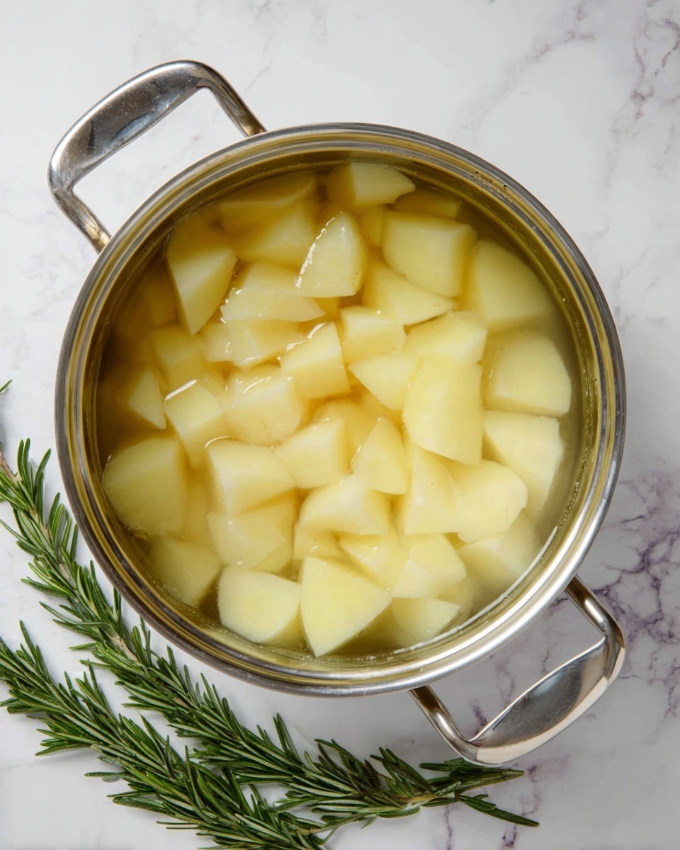 A silver pot filled with peeled and chopped potatoes soaked in clear water, showing about two layers of pale yellow potato pieces submerged, placed on a white marbled surface with two sprigs of fresh green rosemary at the bottom left corner; the light reflects softly on the water and potatoes, photo taken with an iphone --ar 4:5 --v 7