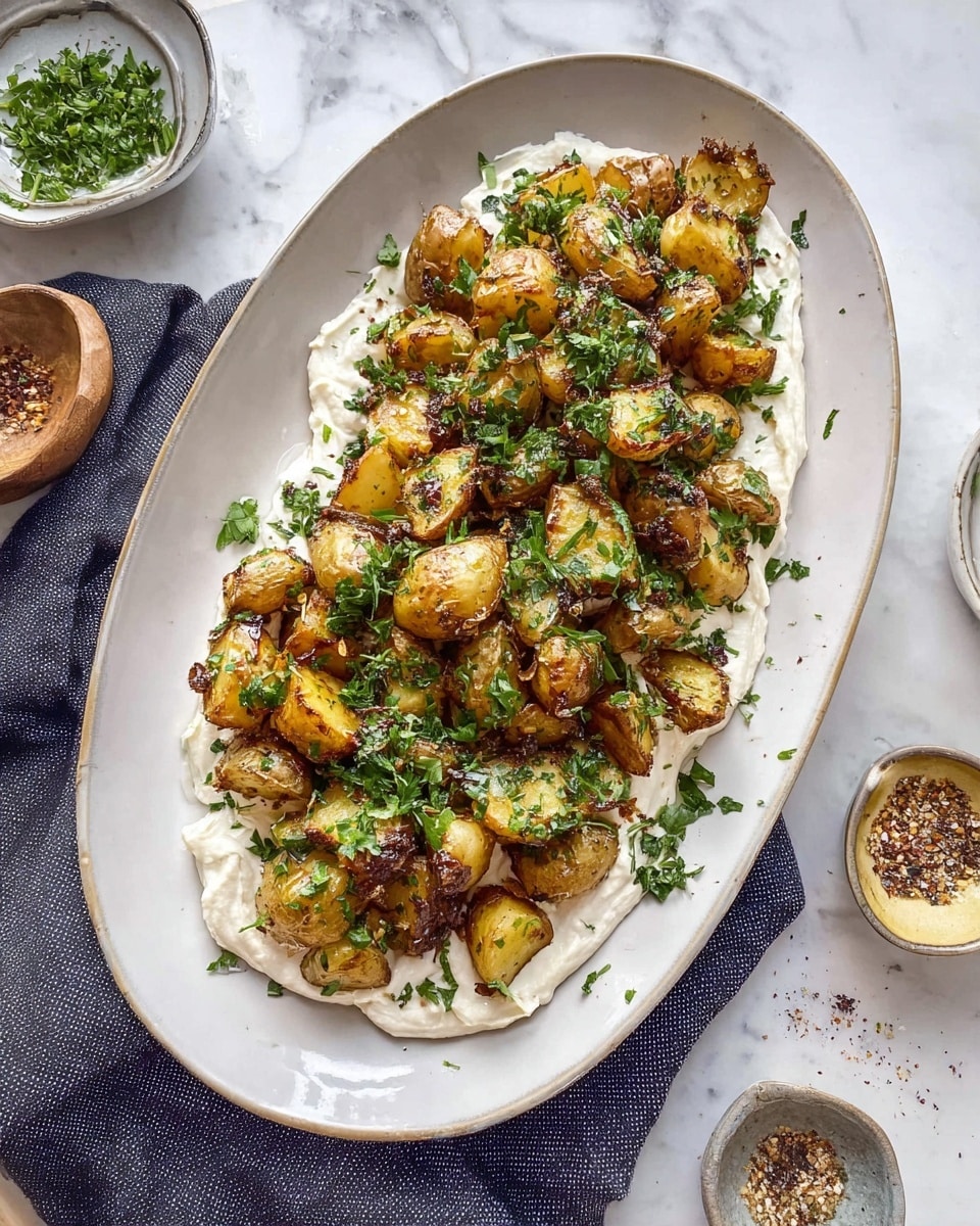 The dish shows a deep oval white plate with a creamy white spread as the first layer, evenly spread across the bottom. On top, there is a pile of roasted potato chunks, golden brown with a slightly crispy texture. The potatoes are generously sprinkled with bright green fresh herbs finely chopped, adding a fresh color contrast. The plate is set on a white marbled surface with a dark cloth nearby, and small bowls with additional seasoning and sauce are visible at the sides. photo taken with an iphone --ar 4:5 --v 7
