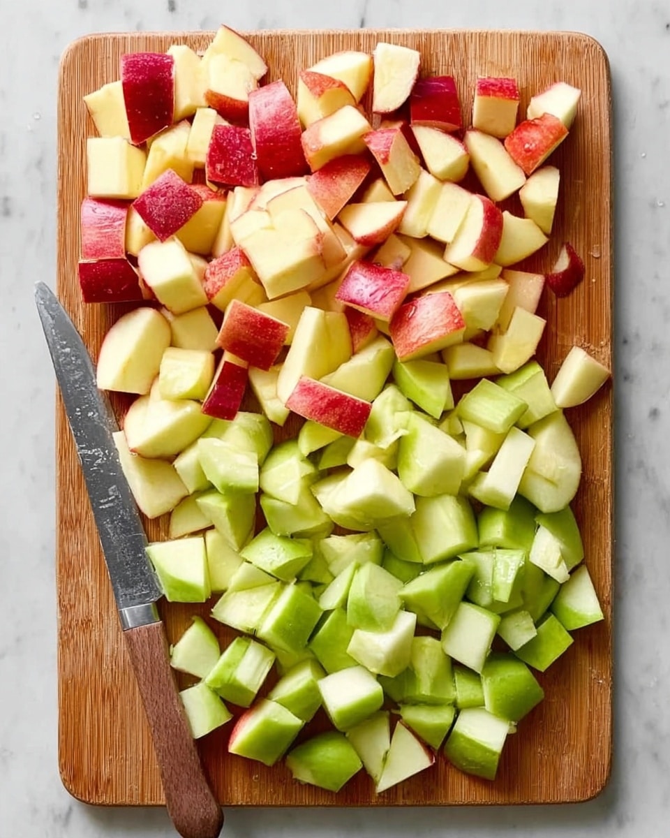 A wooden board holds many pieces of cut apples, arranged in layers by color. The top layer consists of red apple pieces with pale yellow inside, while the bottom layer is green apple pieces with a lighter green inside. The pieces are roughly chopped into small chunks, showing the smooth, shiny skin and juicy flesh. A knife with a wooden handle rests diagonally on the board next to the apple pieces. The scene is set on a white marbled surface, giving a clean and bright look. Photo taken with an iphone --ar 4:5 --v 7