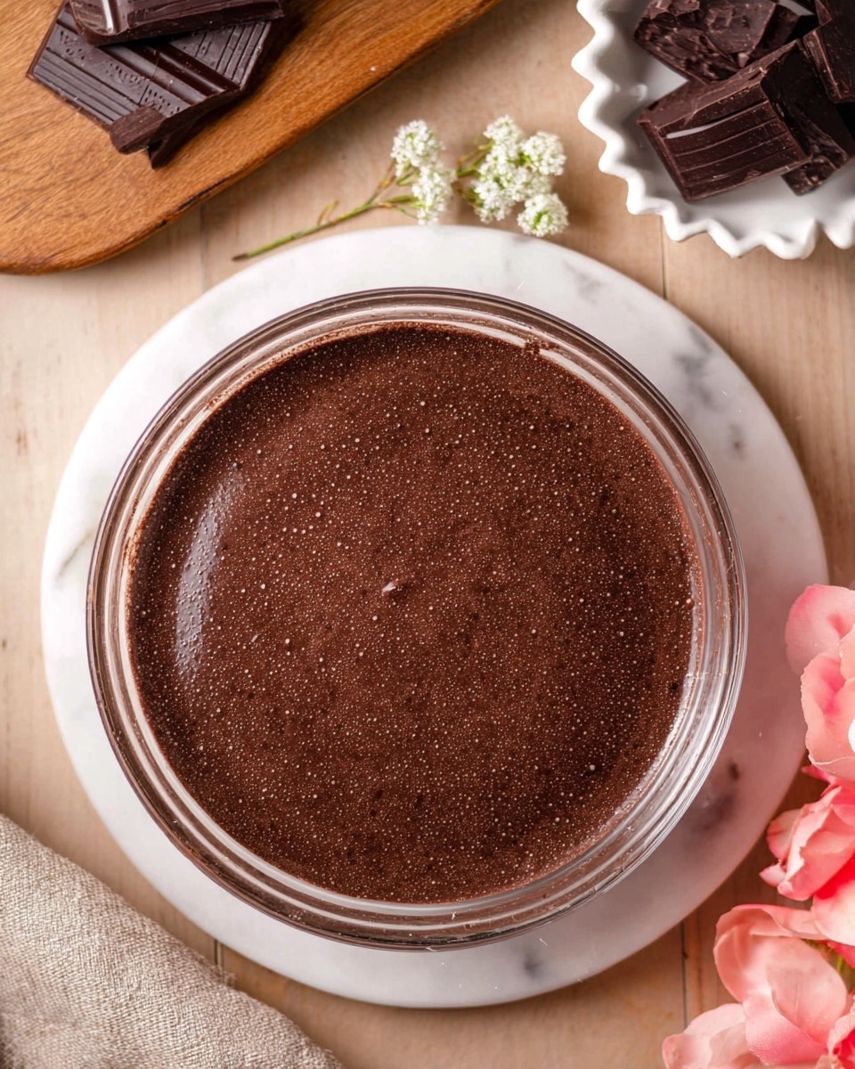 A clear glass bowl filled with a smooth, dark brown chocolate mixture that has a slightly frothy texture on top, sitting on a white marbled surface. Around the bowl, there are pieces of dark chocolate arranged on a wooden board and inside a small white scalloped dish, with small white flowers placed nearby. On the right side, there are soft pink flowers partially visible, adding a gentle touch to the scene. The setting looks cozy and natural, with a warm light highlighting the rich chocolate mix photo taken with an iphone --ar 4:5 --v 7
