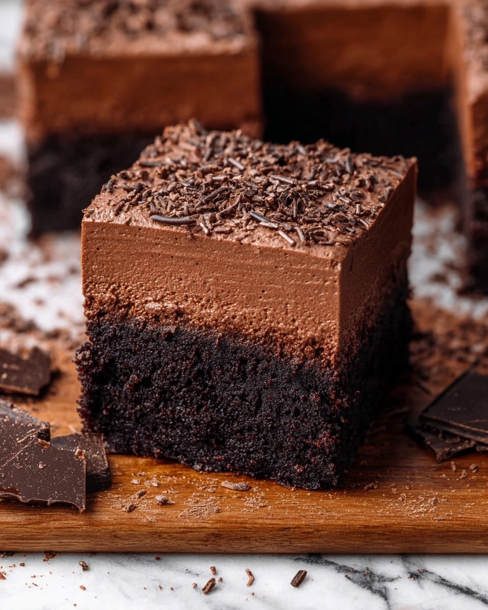 A close-up view of a square chocolate dessert with two layers, the bottom layer is a dark, moist chocolate cake with a rough texture, and the top layer is a thick and smooth chocolate mousse with a creamy finish, sprinkled lightly with small chocolate shavings on top. The dessert sits on a wooden board with scattered pieces of broken chocolate and chocolate crumbs around it, all set against a white marbled surface. photo taken with an iphone --ar 4:5 --v 7