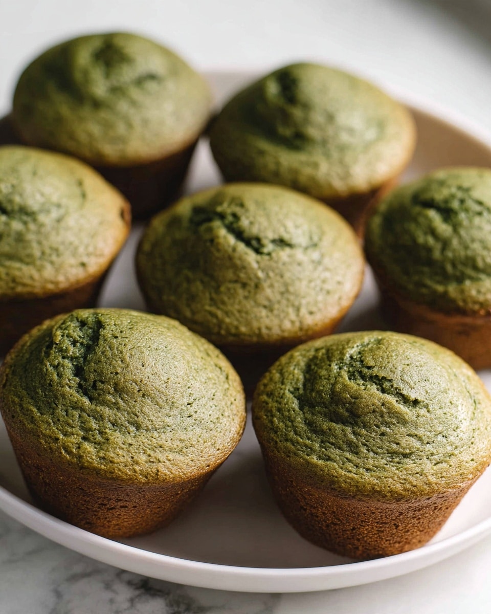 Seven green muffins with rounded tops and slightly cracked surfaces are arranged closely together on a white plate. The muffins have a textured surface with shades of light and dark green, and their bases are a darker brown color, showing a firm baking. The plate sits on a white marbled surface, with soft natural light highlighting the uneven texture of the muffin tops. The image is focused on the front muffins, making the ones in the background slightly blurry. photo taken with an iphone --ar 4:5 --v 7