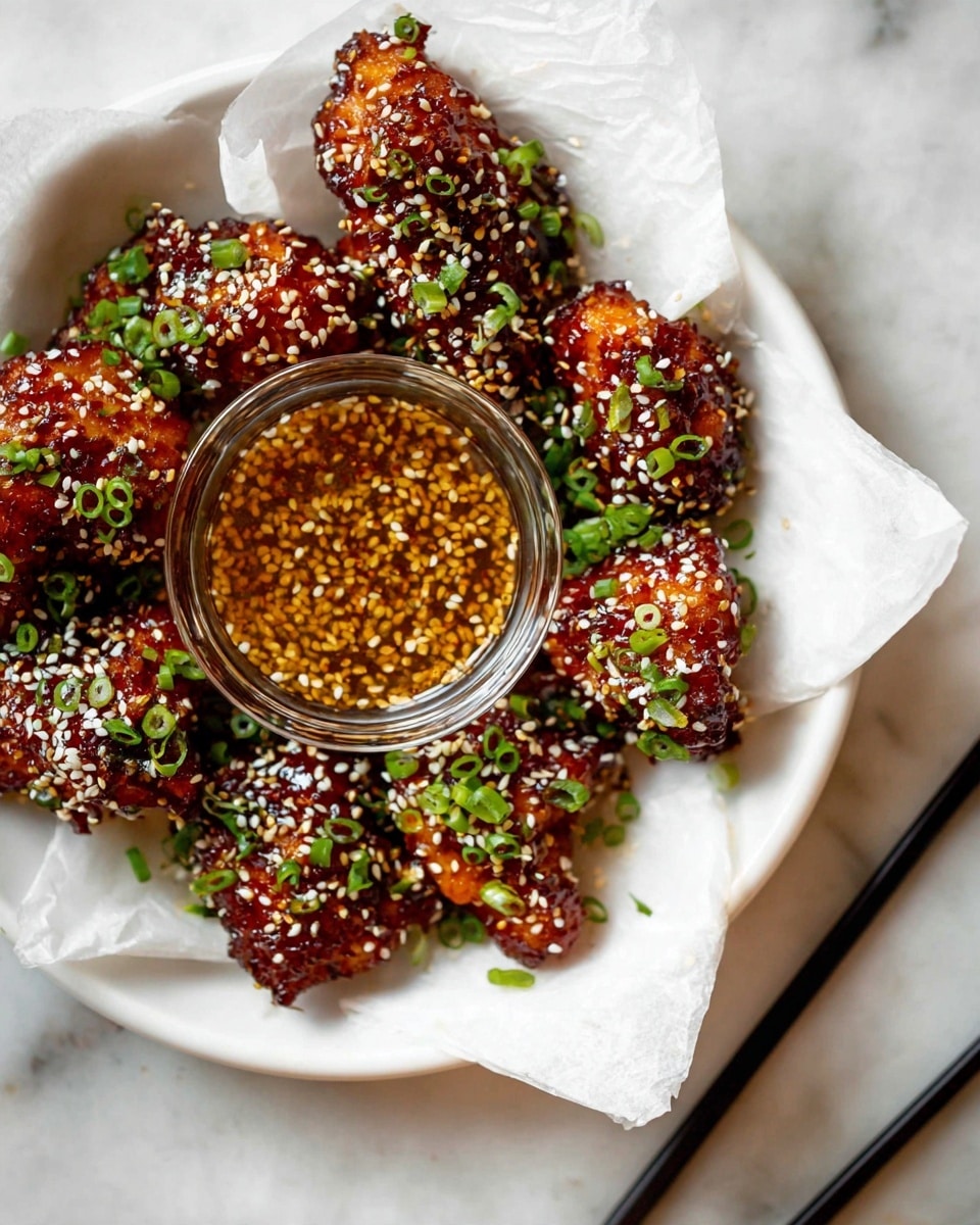 This image shows a white plate with white parchment paper holding several pieces of shiny, dark brown, sticky glazed chicken topped with white sesame seeds and bright green chopped scallions. In the middle of the plate is a small clear glass bowl filled with a sesame seed sauce that has a light brown color and lots of sesame seeds floating. The plate sits on a white marbled surface. Near the bottom right, there are blurred black chopsticks resting on the surface. photo taken with an iphone --ar 4:5 --v 7