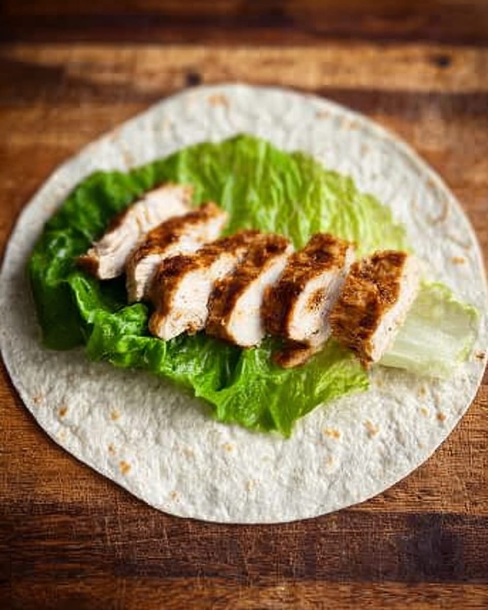 A round white tortilla lies flat on a wooden board with a single large green lettuce leaf placed in the center. On top of the lettuce, there are several pieces of cooked, sliced chicken with a light brown, slightly crispy outside and a white inside, arranged in a small pile towards one side of the leaf. The image is simple with clear details showing the texture of the tortilla, the leafy greens, and the grilled chicken. Photo taken with an iphone --ar 4:5 --v 7