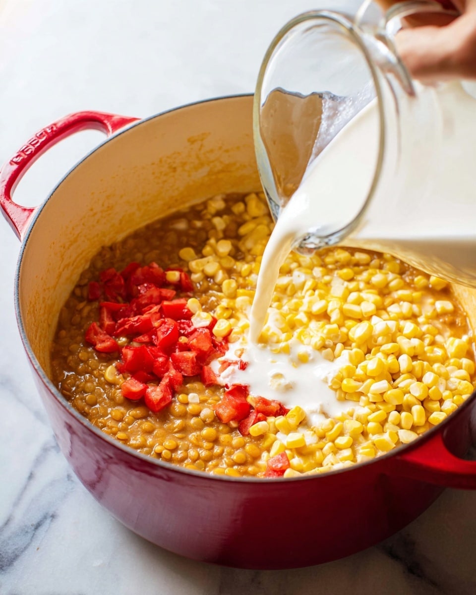 A close-up view of a red pot with a creamy yellow inside, filled with three layers of ingredients: an orange-brown lentil base at the bottom, a middle layer of bright red diced tomatoes, and a top layer of fresh yellow corn kernels mixed with white cream. A woman's hand is pouring more white cream from a clear glass pitcher into the pot. The pot sits on a white marbled surface. Photo taken with an iphone --ar 4:5 --v 7