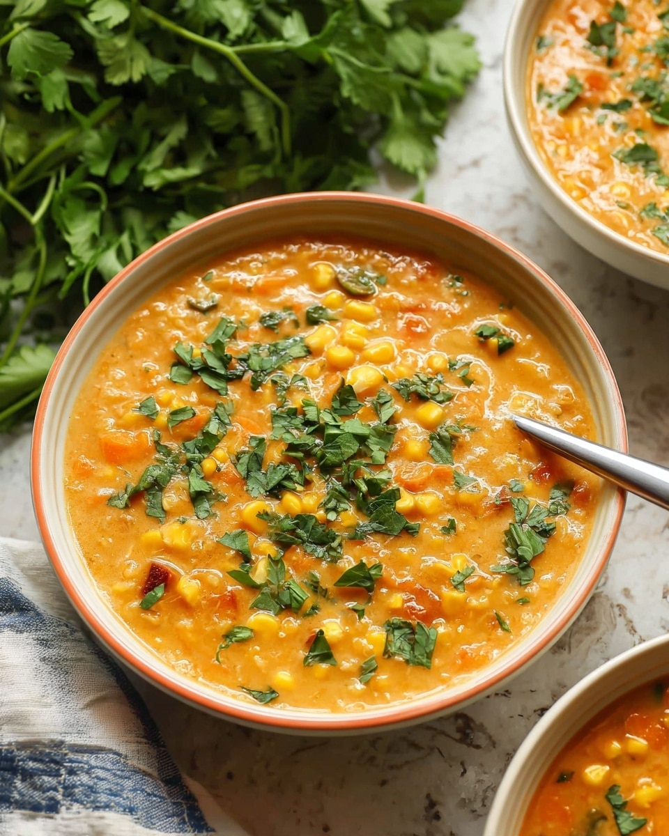 The image shows a bowl of thick, creamy orange soup with visible small yellow corn kernels and chunks of darker orange vegetables. The soup is topped with fresh chopped green herbs scattered on top, adding a bright color contrast. The bowl is white with a subtle orange rim and a spoon is placed inside the bowl on the right side. In the background, there is a bunch of leafy green herbs on a white marbled surface, with another bowl of the same soup partially visible on the right edge. The overall look is warm and comforting. photo taken with an iphone --ar 4:5 --v 7