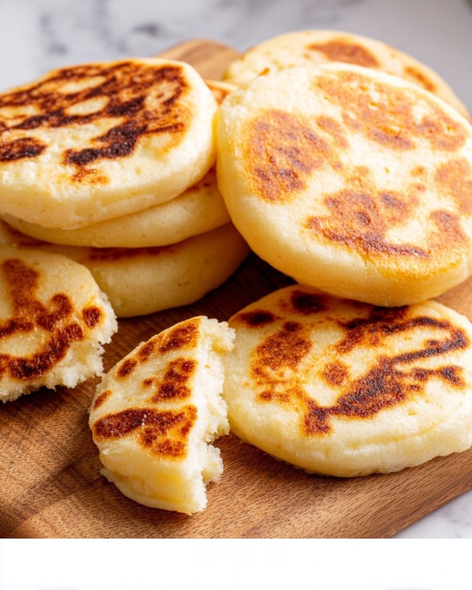 The image shows a group of round flat cakes with golden-brown spots stacked on a wooden board. Each flat cake has a light cream color with a slightly crispy, toasted surface and a soft texture inside. One flat cake is broken into pieces in front, revealing a fluffy and moist interior. The overall look is warm and inviting with a few darker browned patches scattered unevenly on each cake. The background is clean and white marbled texture. photo taken with an iphone --ar 4:5 --v 7