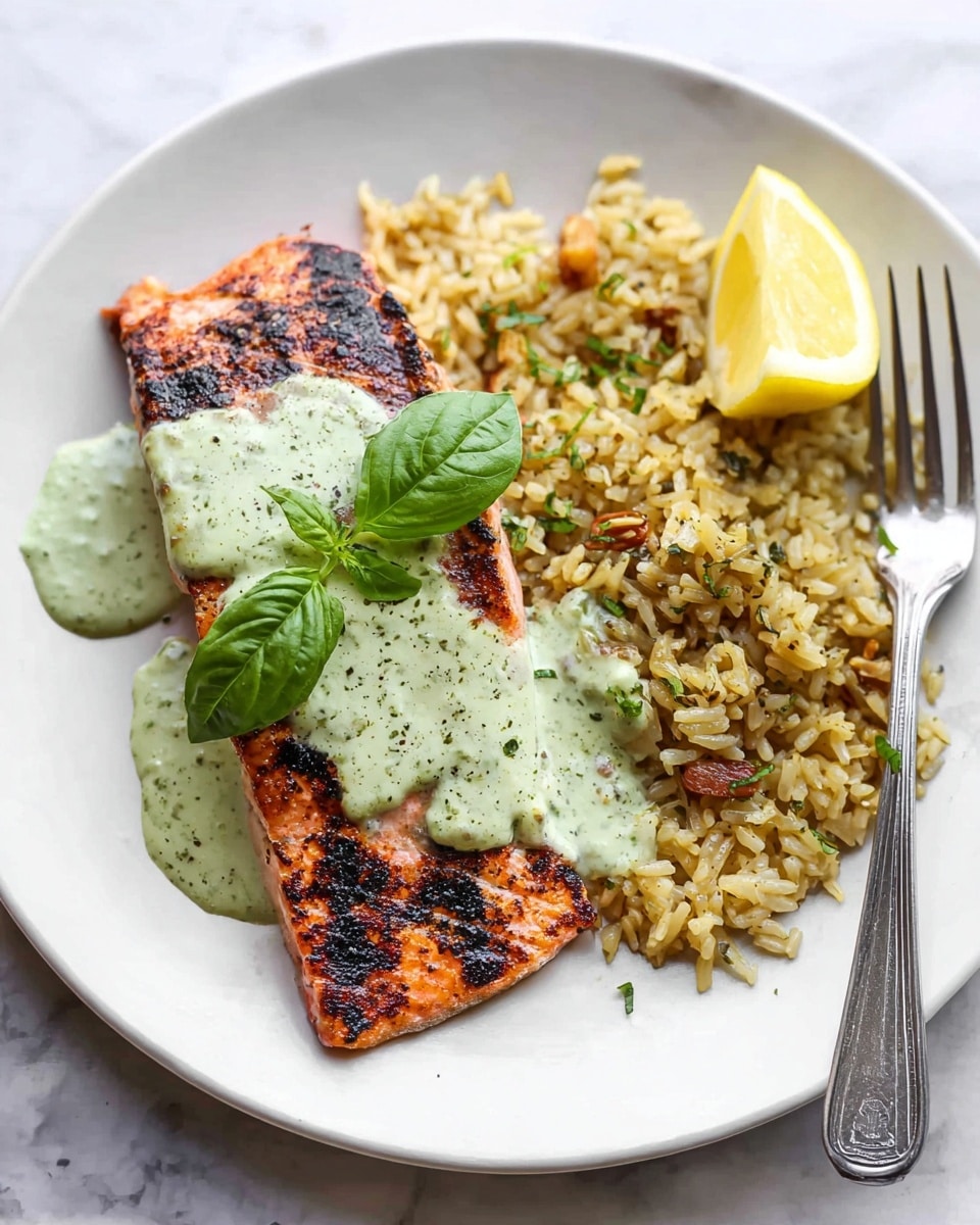 The image shows a white plate with a piece of grilled salmon placed on the left side, topped with a light green creamy sauce and two fresh green basil leaves. The salmon has visible dark grill marks and a slightly charred pinkish-orange surface. On the right side of the plate, there is a serving of golden brown rice mixed with small pieces of nuts or vegetables, forming a textured layer. A lemon wedge sits on top of the rice near the salmon. A silver fork rests on the right edge of the plate. The plate is set on a white marbled surface. photo taken with an iphone --ar 4:5 --v 7