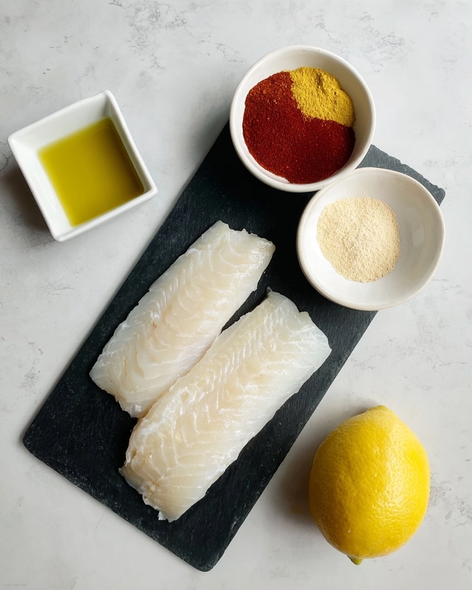 Two white fish fillets lay side by side on a black cutting board with a slight texture, placed on a white marbled surface. To the bottom left, a small white square dish holds golden olive oil, and near the center bottom, a whole bright yellow lemon with a smooth skin rests on the white marbled background. To the right of the fish, a white round bowl contains three piles of dry spices in layers: a deep red powder, a light yellow powder, and a pale beige powder. The colors and textures create a clean, simple, and fresh cooking setup photo taken with an iphone --ar 4:5 --v 7