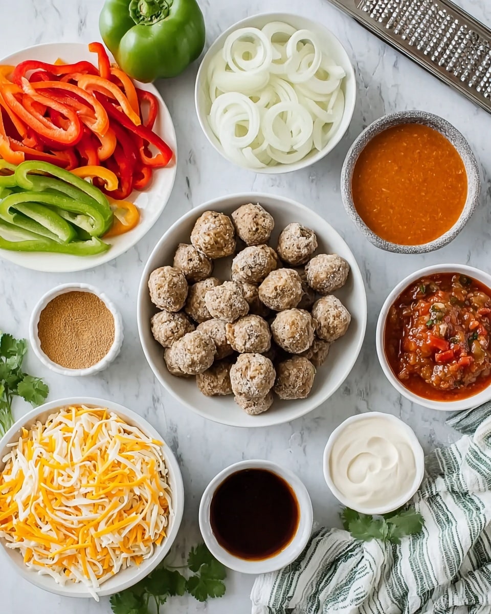 The image shows a white bowl full of uncooked small round meatballs in the center. Around it are bowls and plates on a white marbled surface: a white plate of red and green bell pepper strips on the left, a white bowl with thin white onion rings at the top, a white bowl with shredded orange and white cheese at the bottom right, a white bowl of salsa with red and orange pieces on the right, a white bowl with brown powder above the salsa, a small white bowl with dark brown liquid below the peppers, and a small white bowl of red sauce below the dark liquid. There is a green bell pepper and a piece of orange and white cheese on the left side near a metal grater, and a small stone bowl with white cream on the right side with some cilantro leaves above it. A white cloth with green stripes is near the bottom edge. photo taken with an iphone --ar 4:5 --v 7